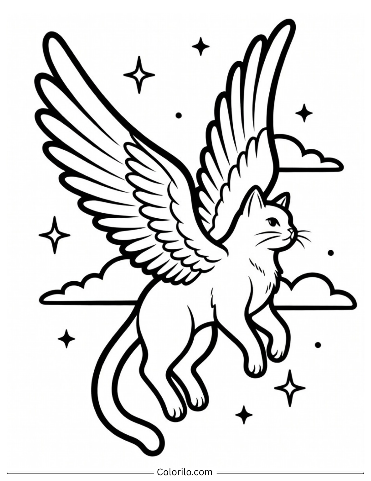 Cat with angel wings flying through stars coloring page