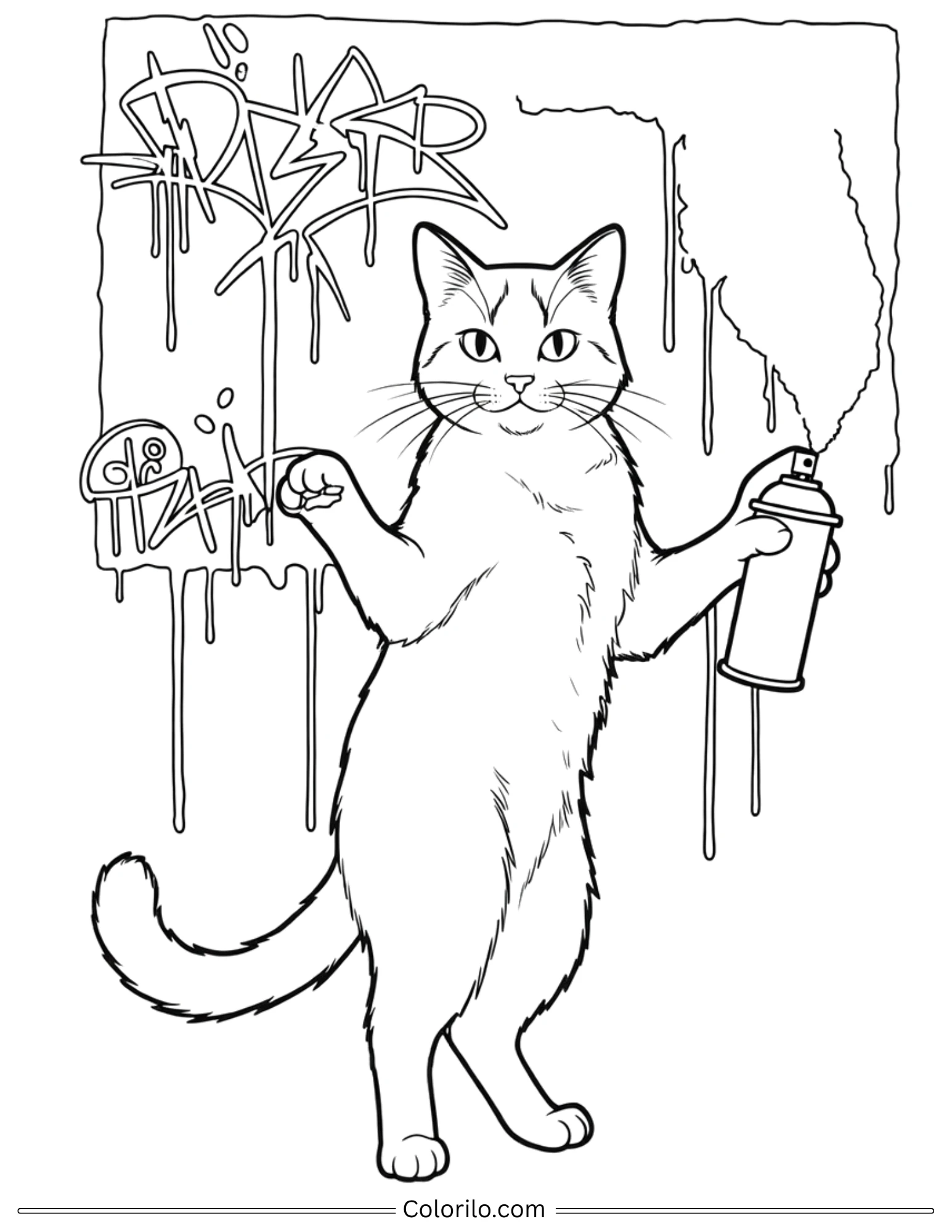 Cat holding spray paint can in front of graffiti wall coloring page