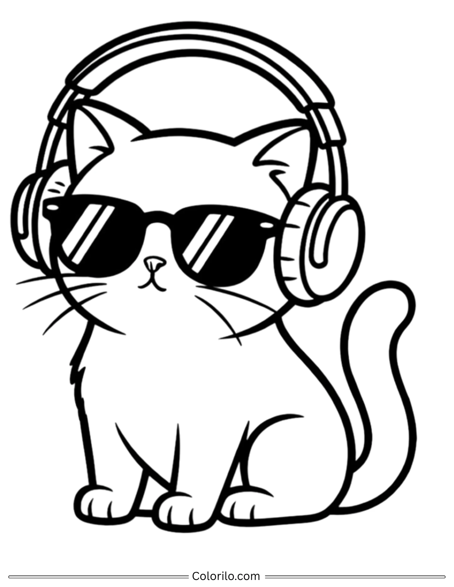 Cat wearing sunglasses and headphones sitting coloring page