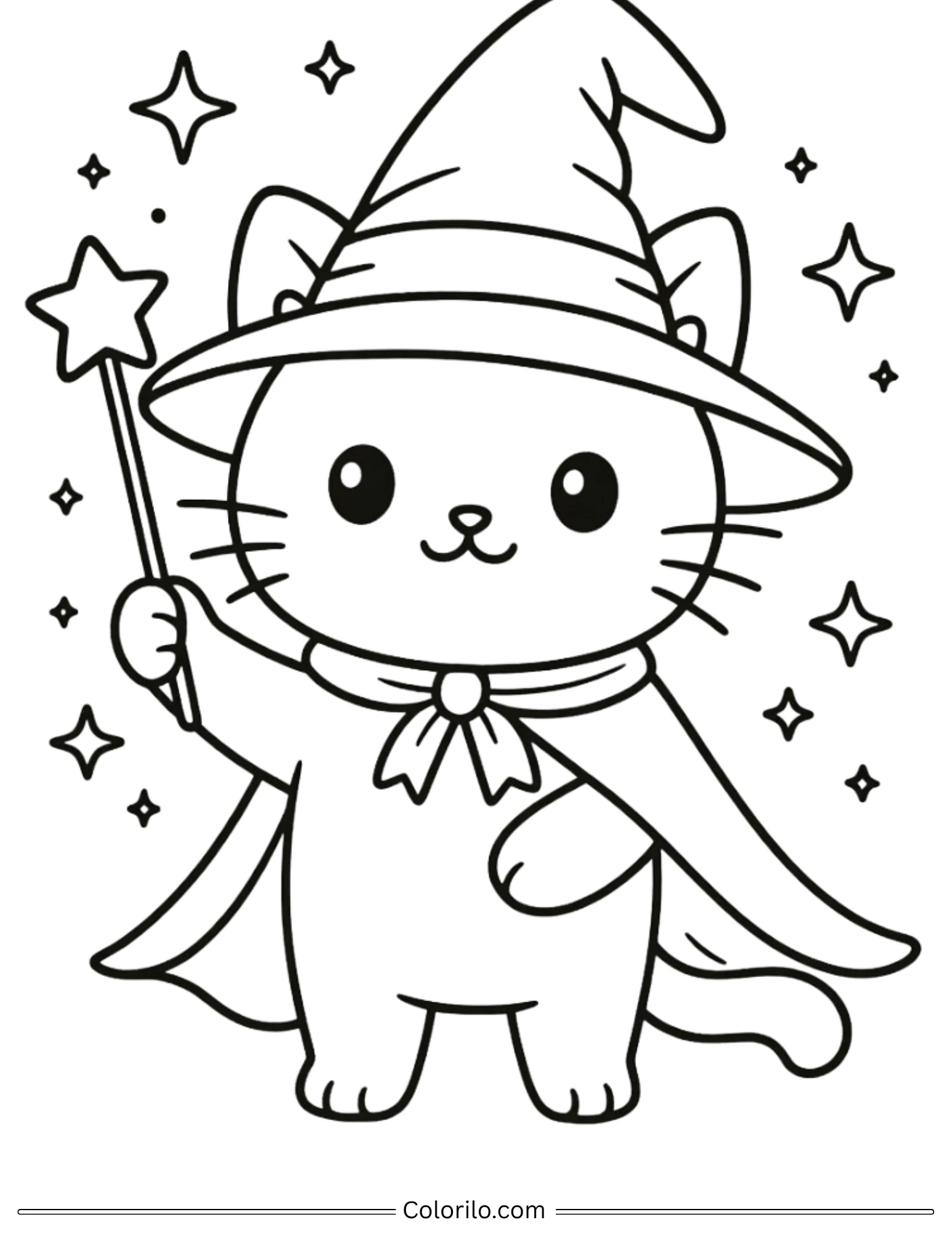 Cute cat wizard with pointed hat and magic wand coloring page
