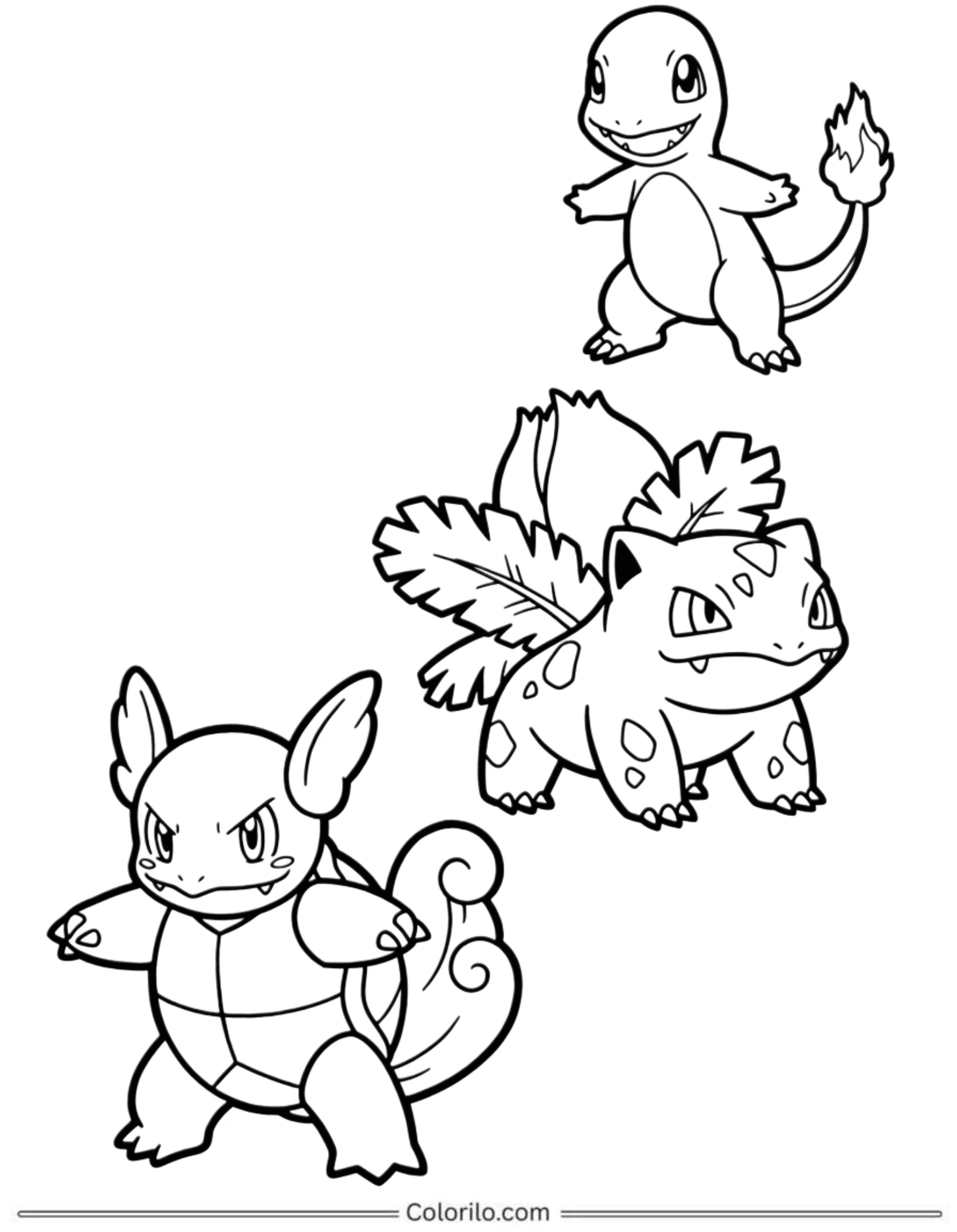 Charmander Bulbasaur and Squirtle starter Pokemon coloring page
