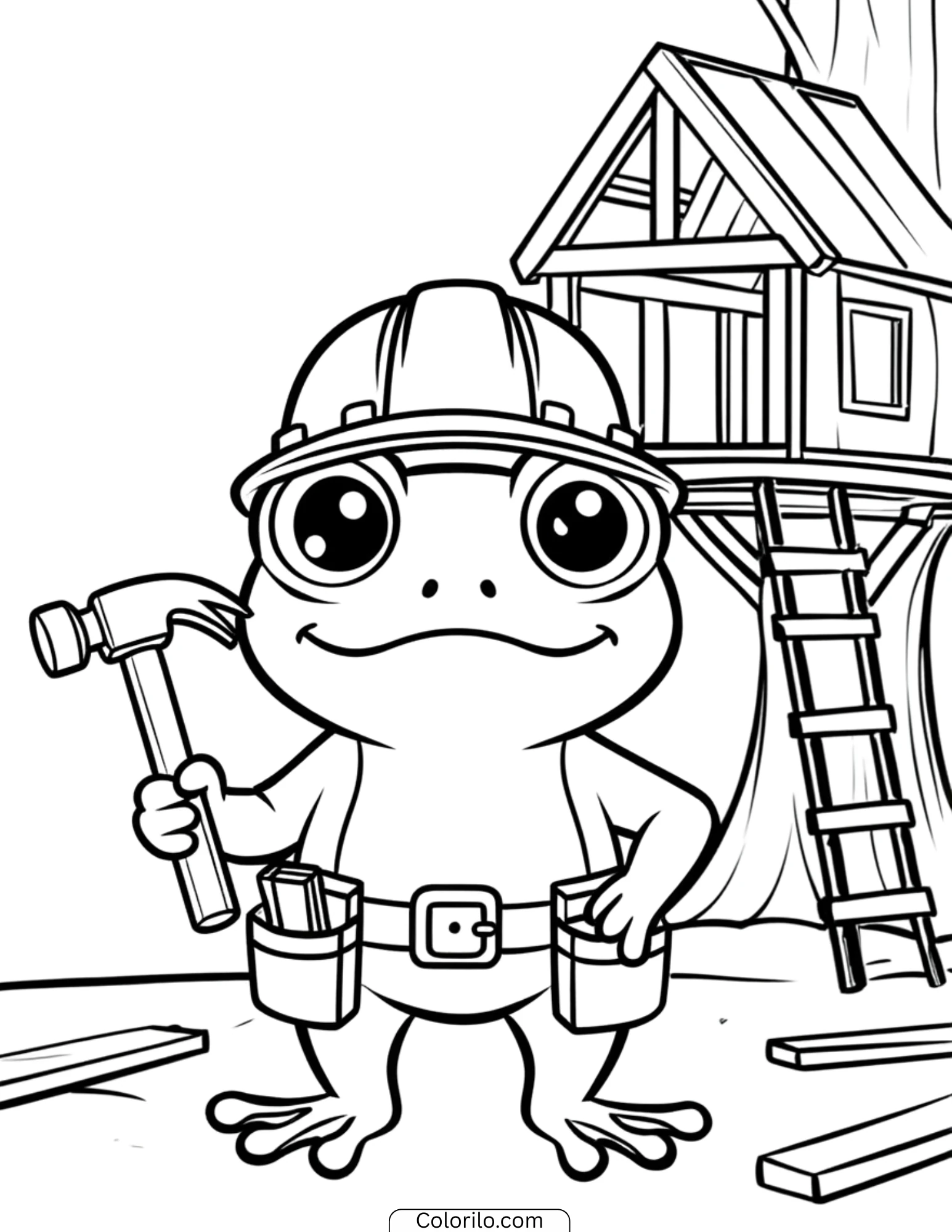 Construction frog with hammer building treehouse coloring page