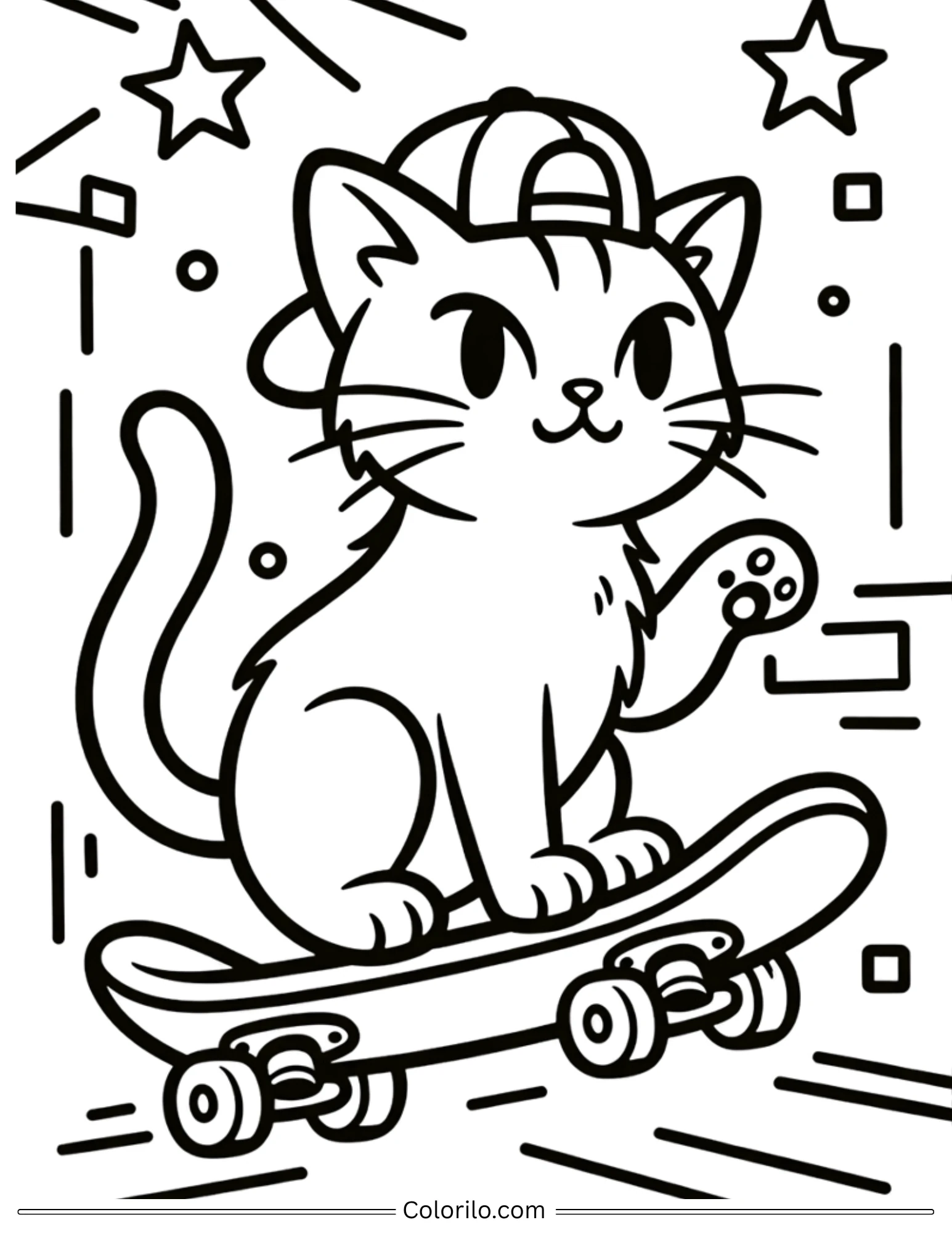 Cool cat on skateboard wearing a backwards cap coloring page
