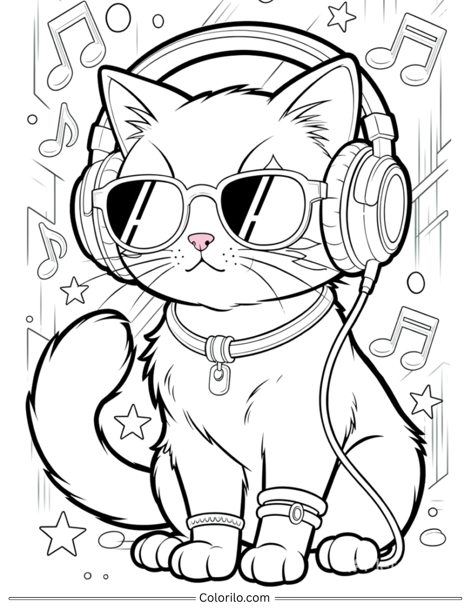 Cool cat with sunglasses headphones and music notes coloring page