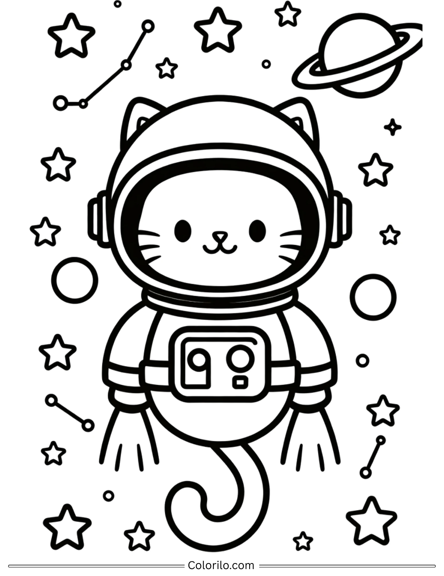 Cute cat in astronaut suit floating in space coloring page