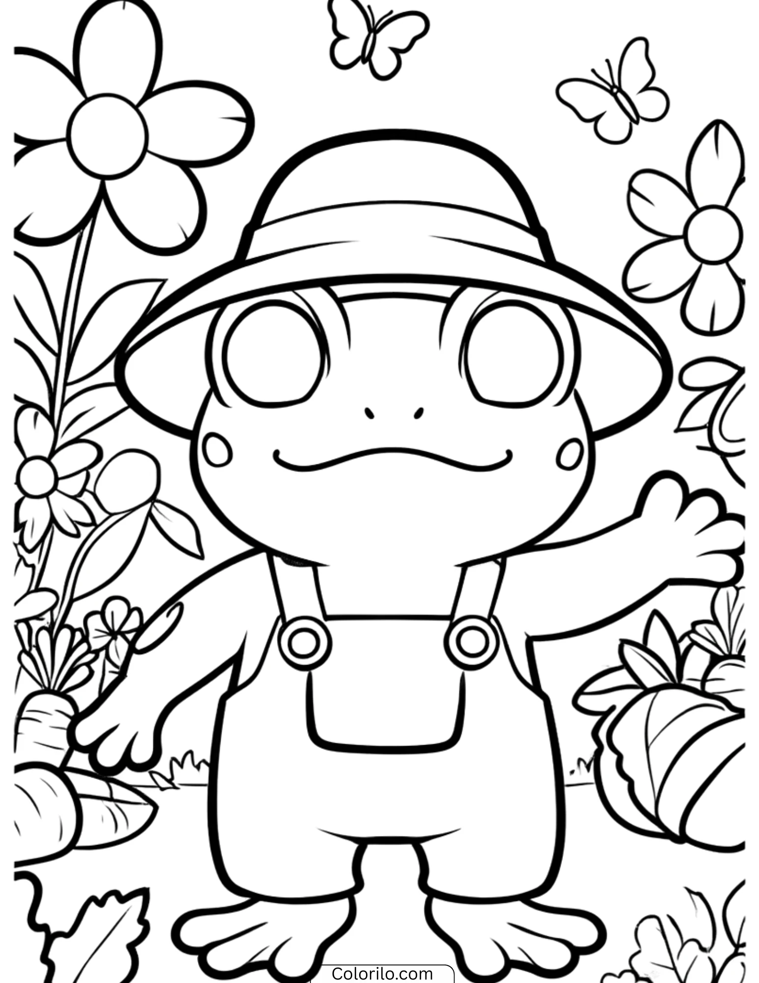 Cute gardener frog with flowers and carrots coloring page