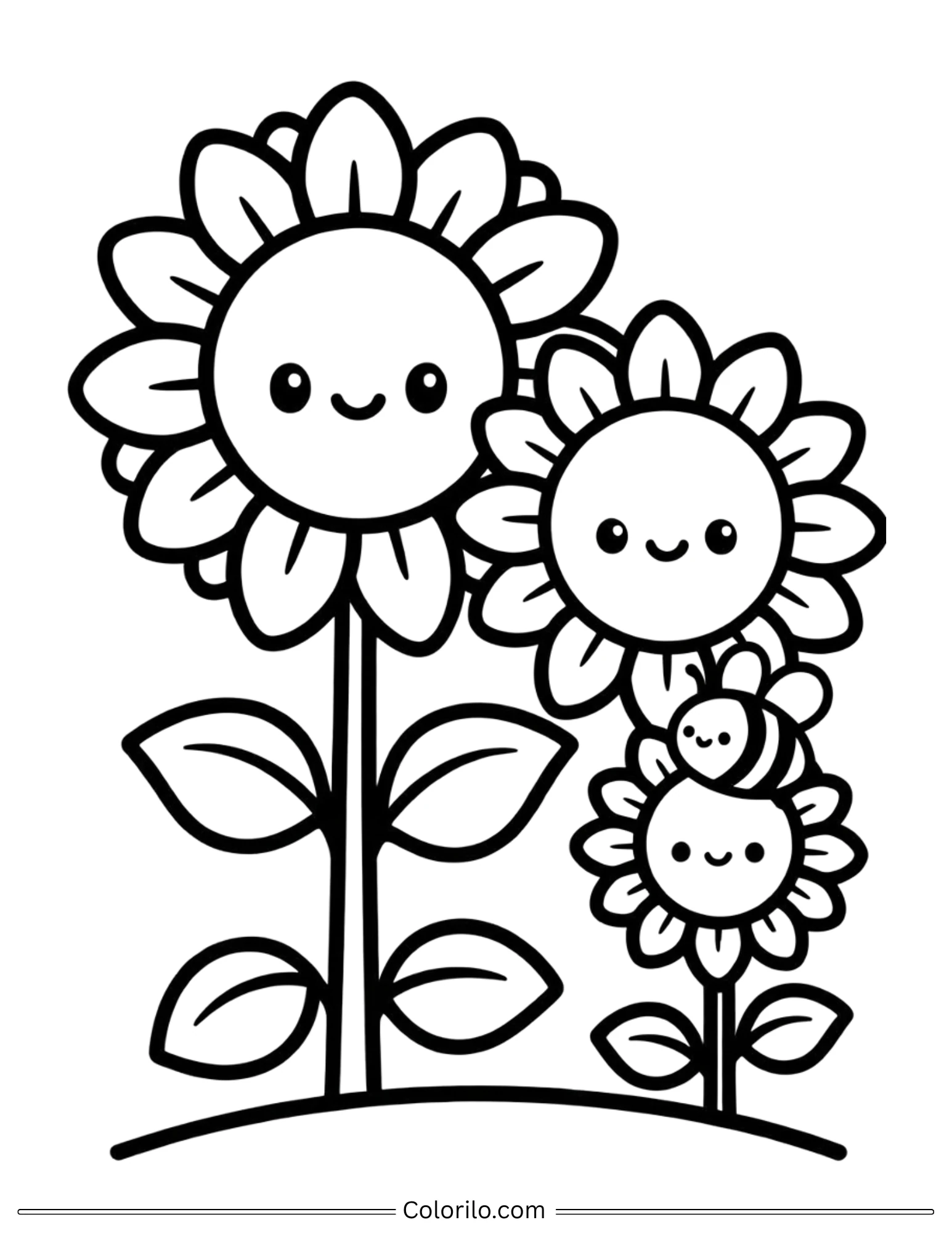 Cute sunflowers with bee coloring page for kids