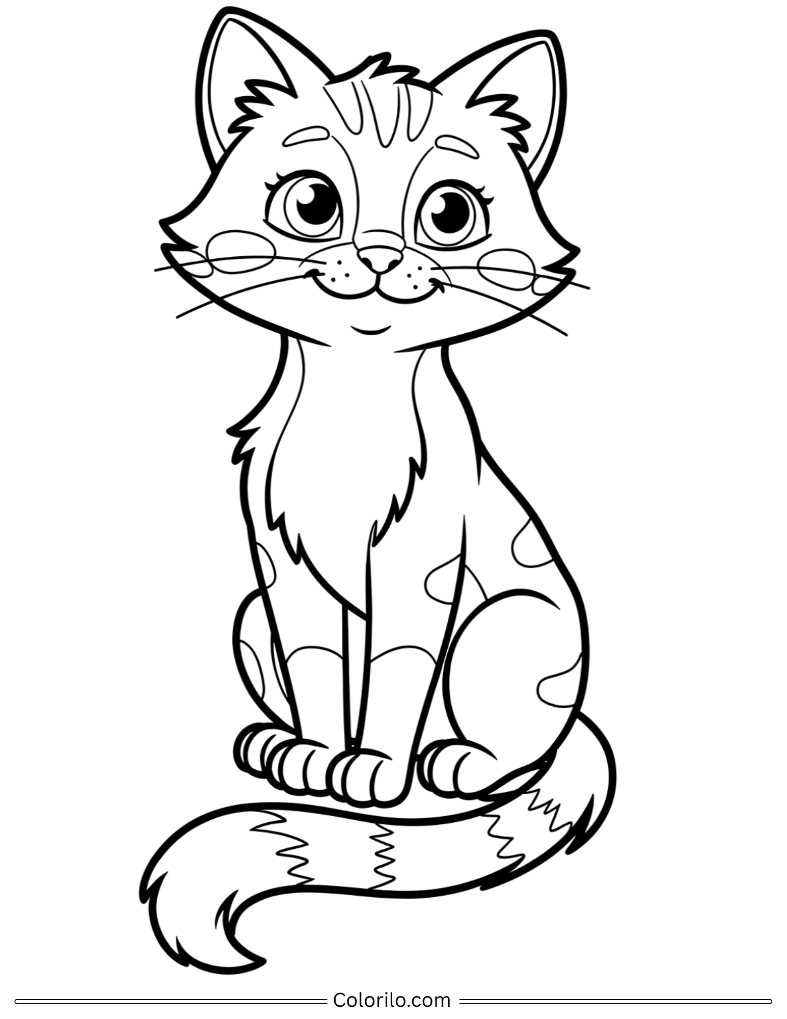 Cute tabby cat sitting with curled tail coloring page