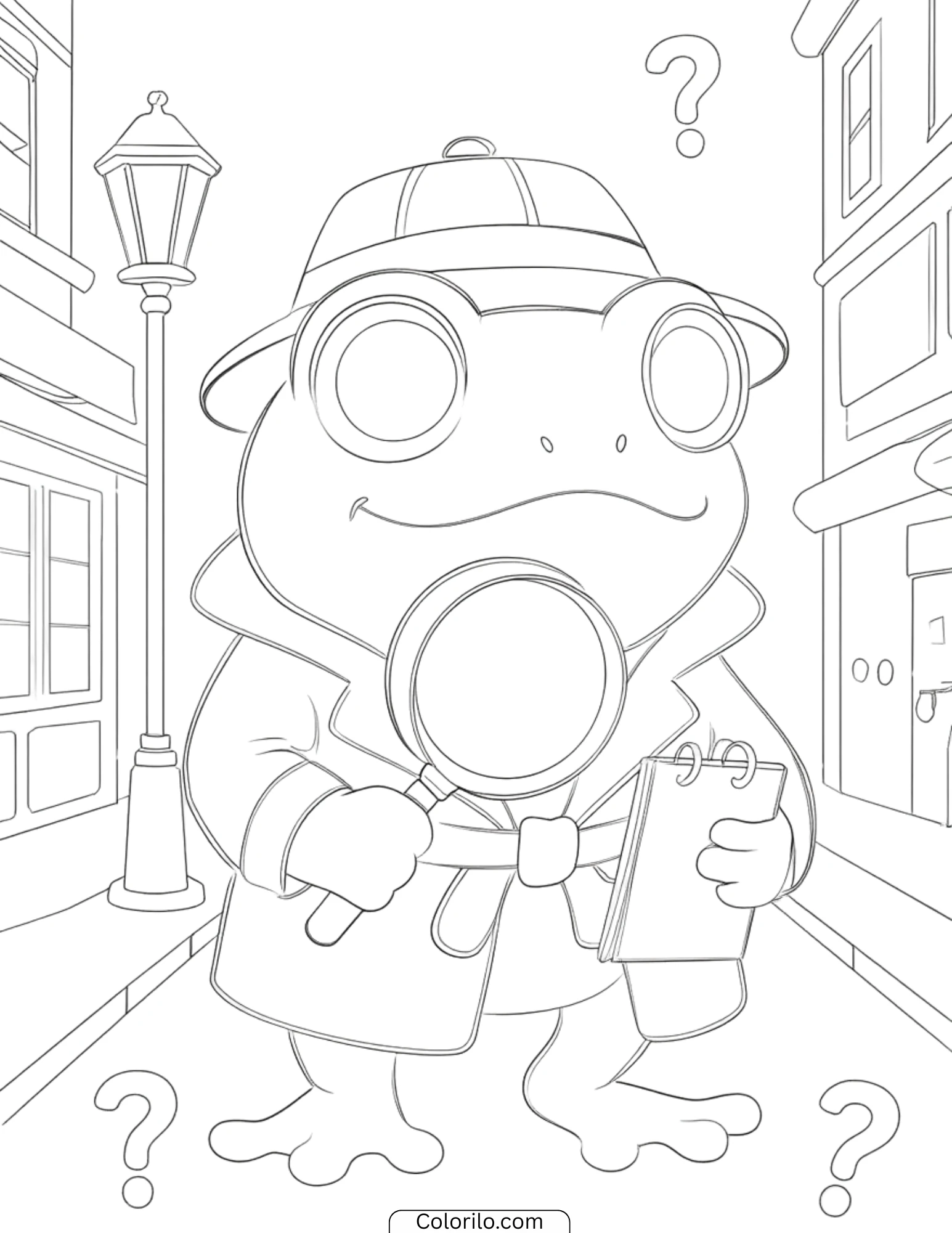 Detective frog with magnifying glass coloring page