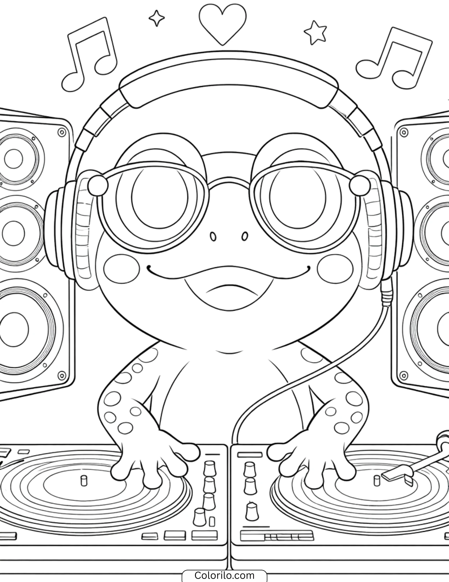 DJ frog with turntables and headphones coloring page