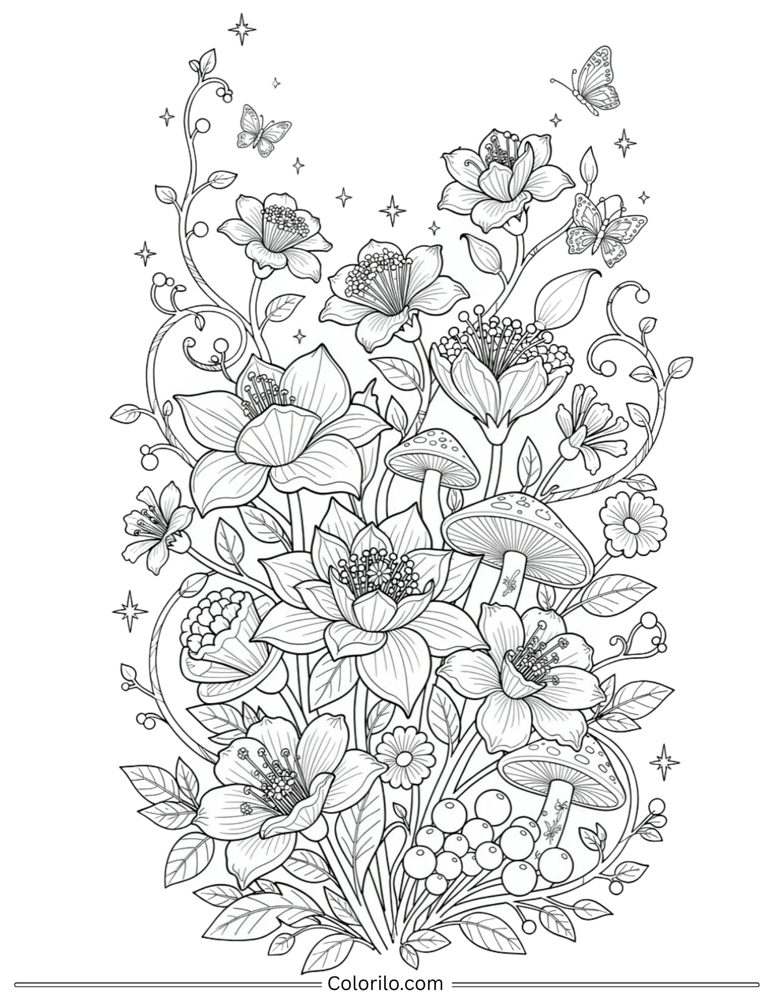 Fantasy flowers and mushrooms coloring page for adults