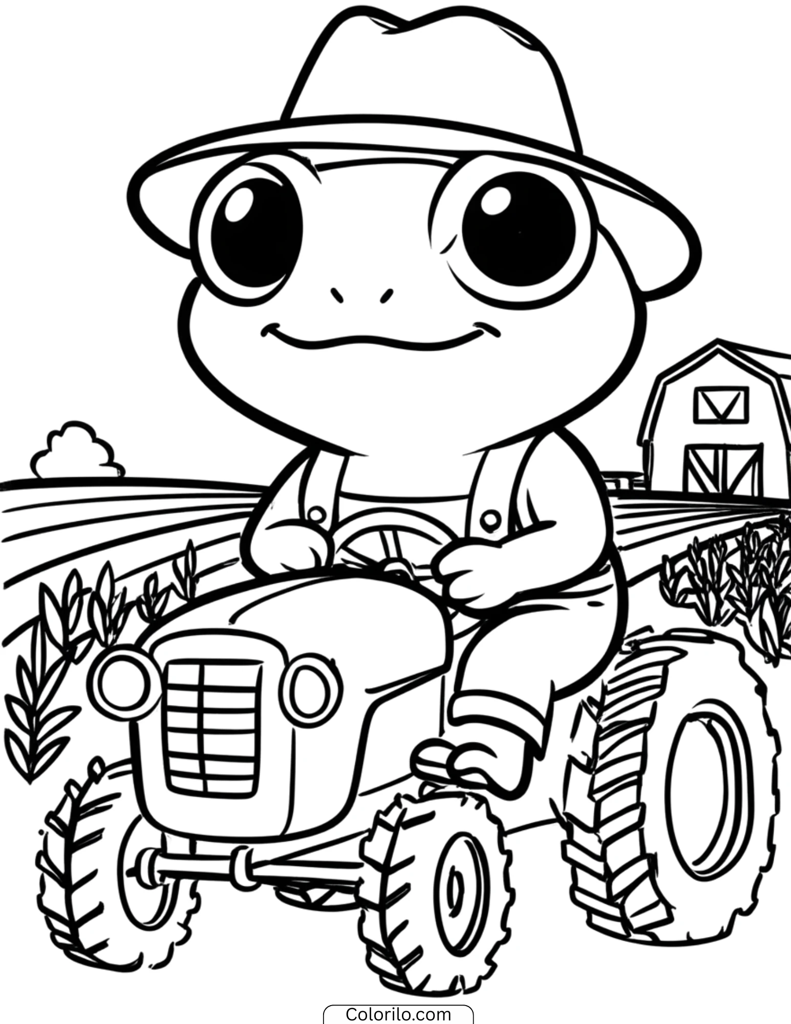 Farmer frog driving tractor on farm coloring page