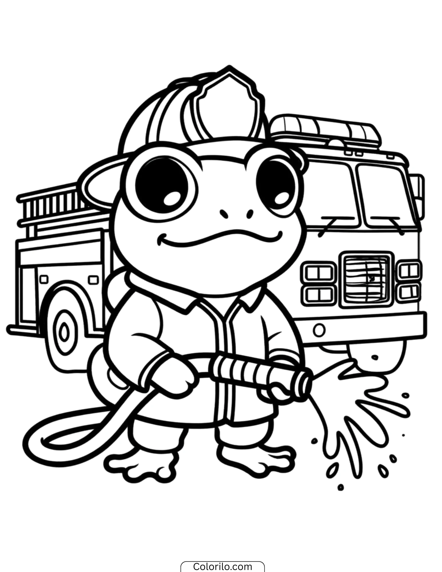 Firefighter frog with hose and fire truck coloring page