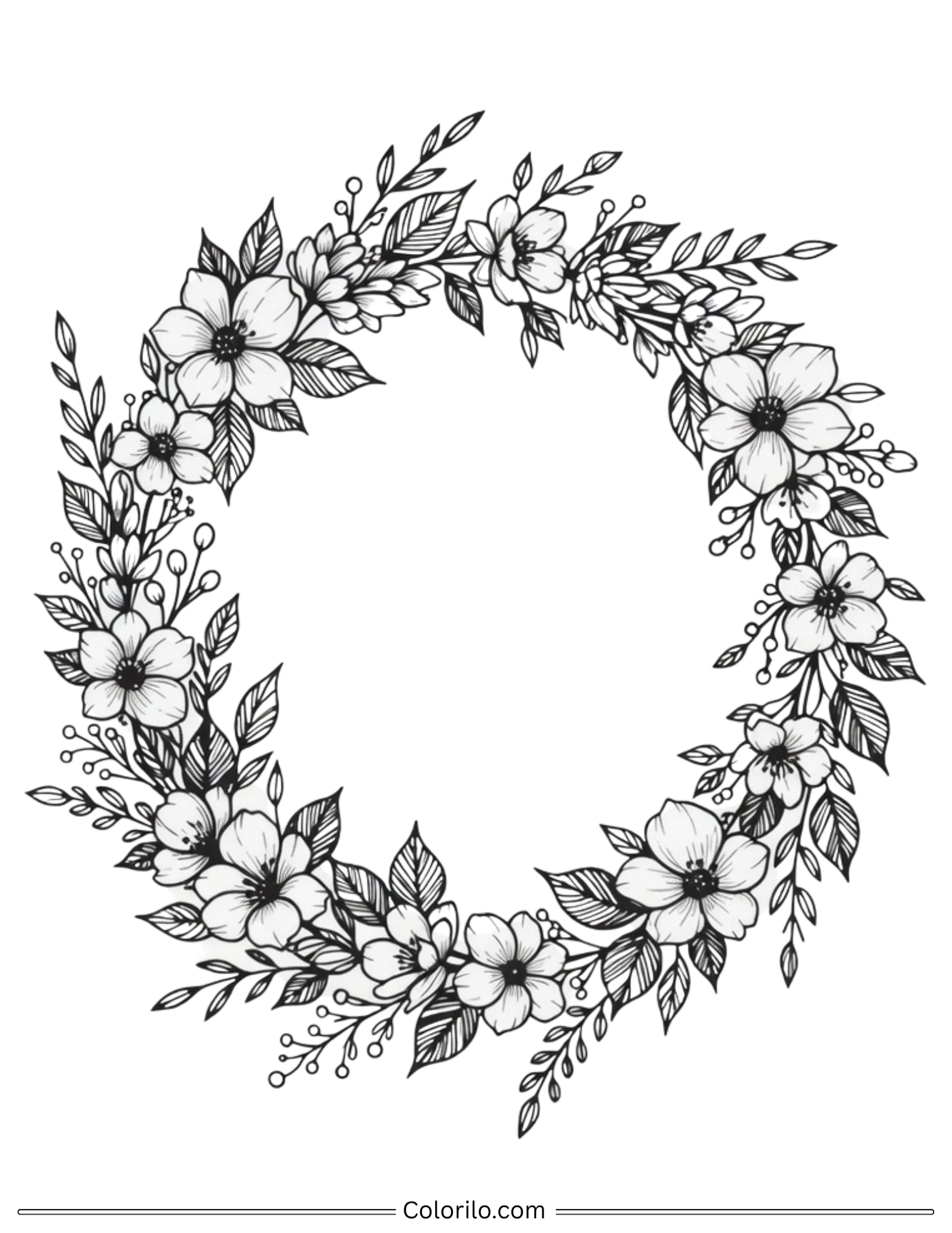 Floral wreath with leaves coloring page for adults