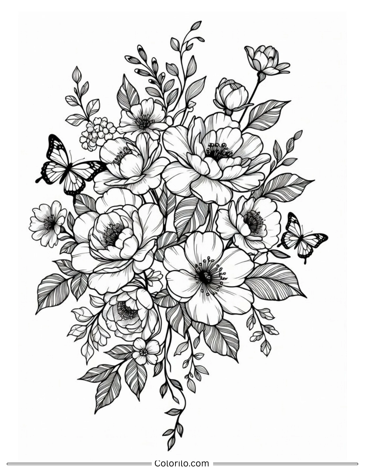 Flower bouquet with butterflies coloring page for adults
