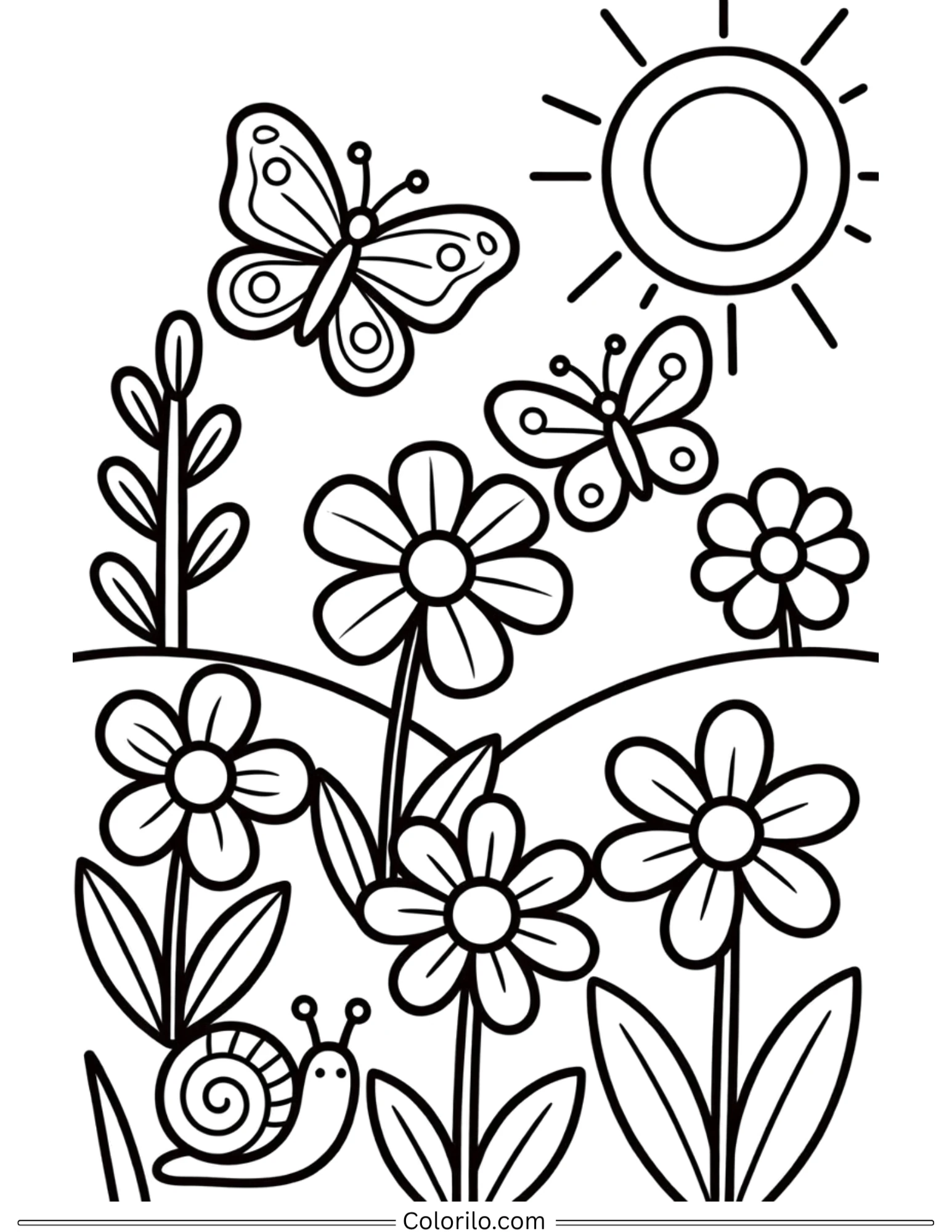 Flower garden with butterflies and snail coloring page