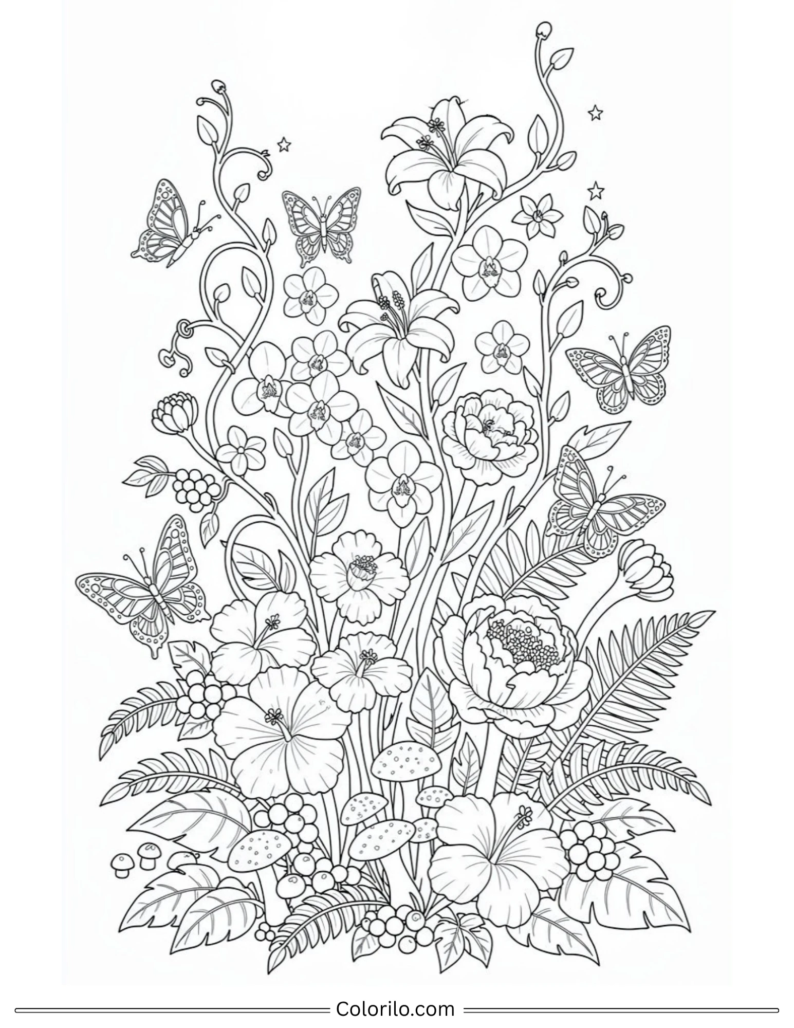 Flowers and butterflies garden coloring page for adults