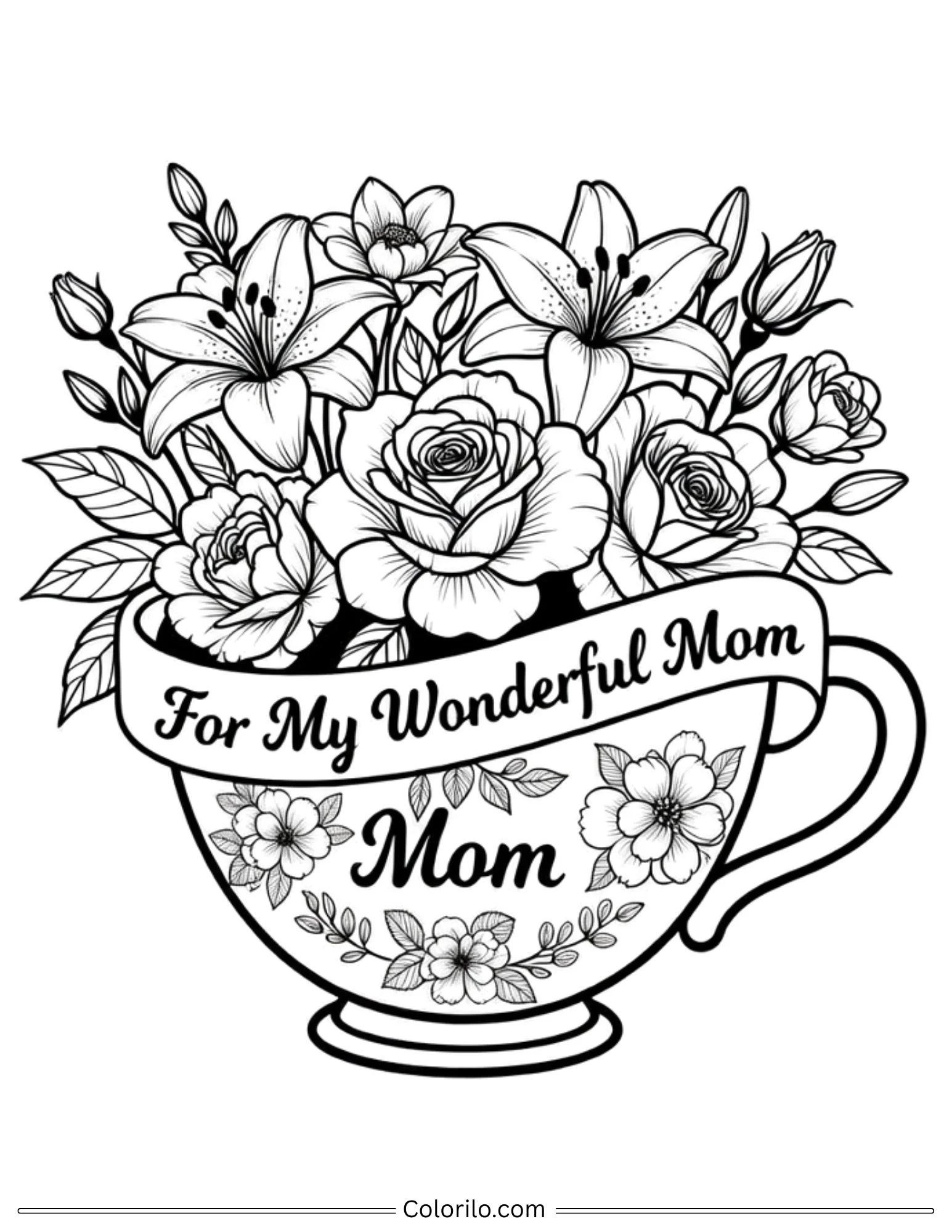 For My Wonderful Mom teacup with flowers coloring page