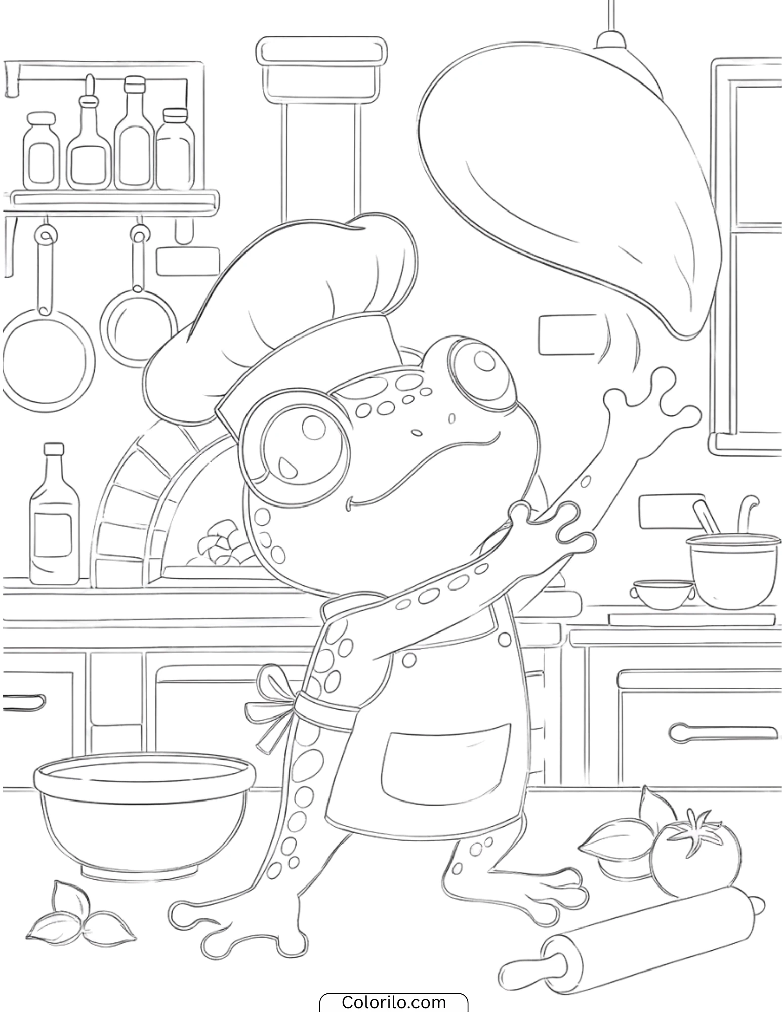 Frog chef tossing pizza dough in kitchen coloring page