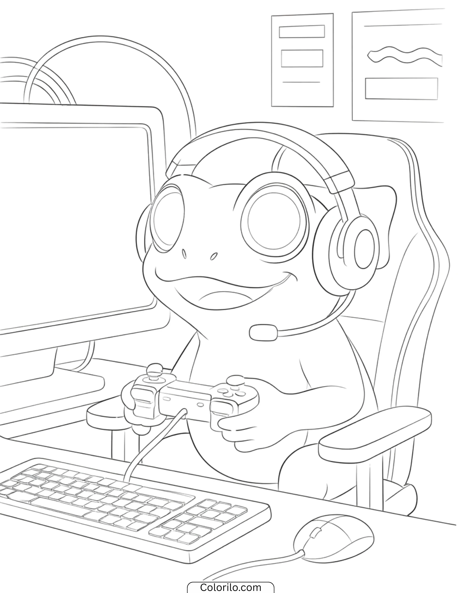 Frog gaming with controller and headset coloring page