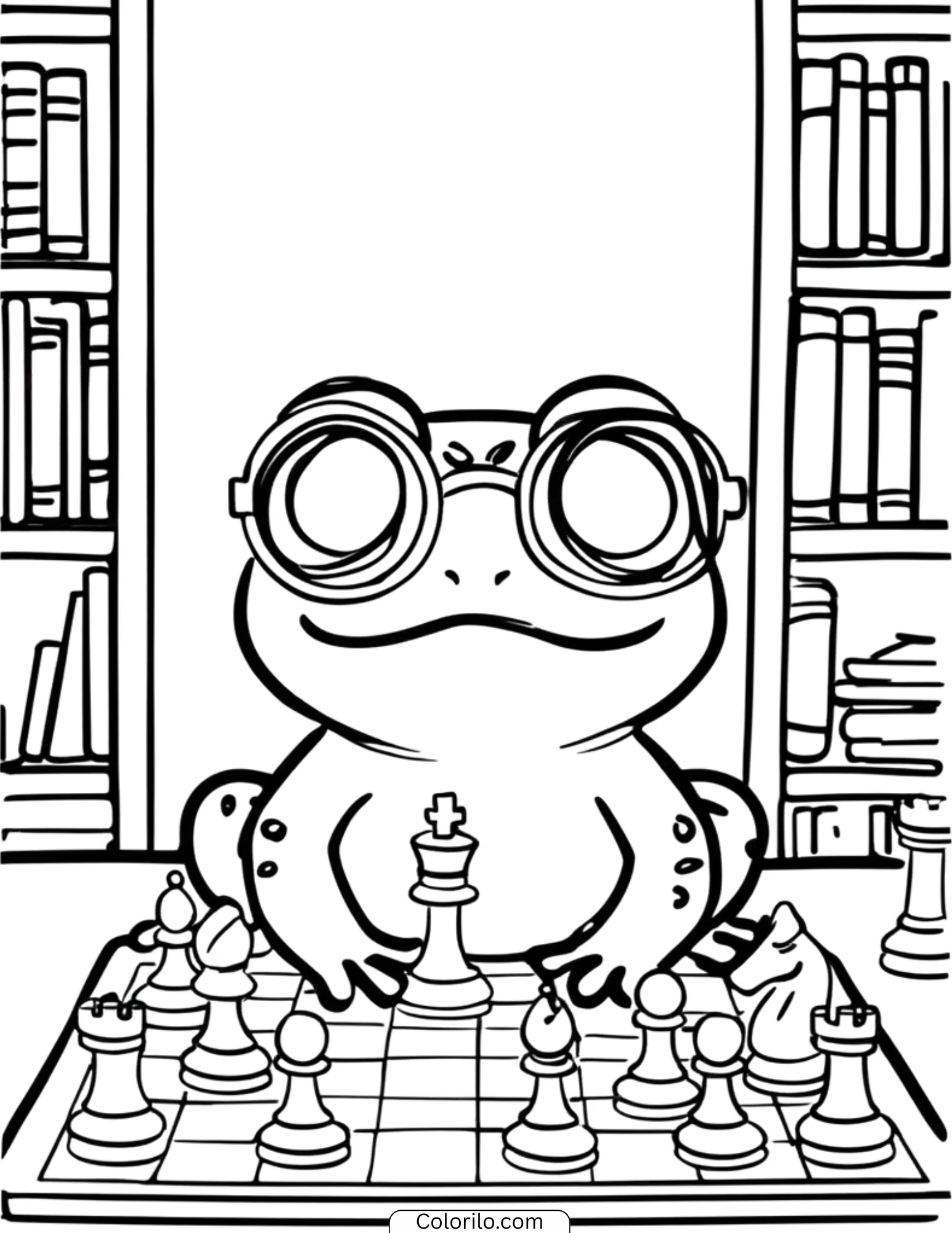 Frog playing chess in library coloring page