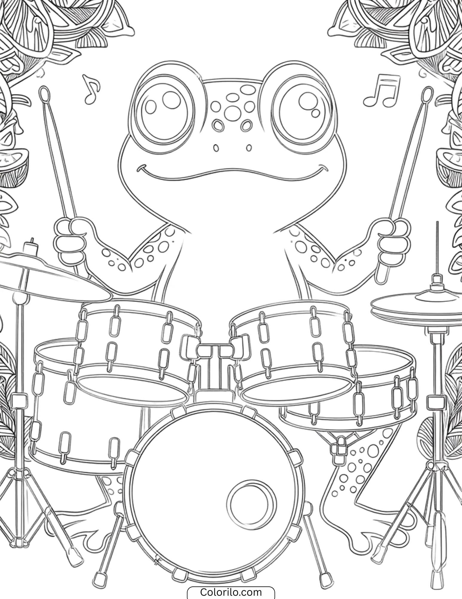 Frog playing full drum set coloring page