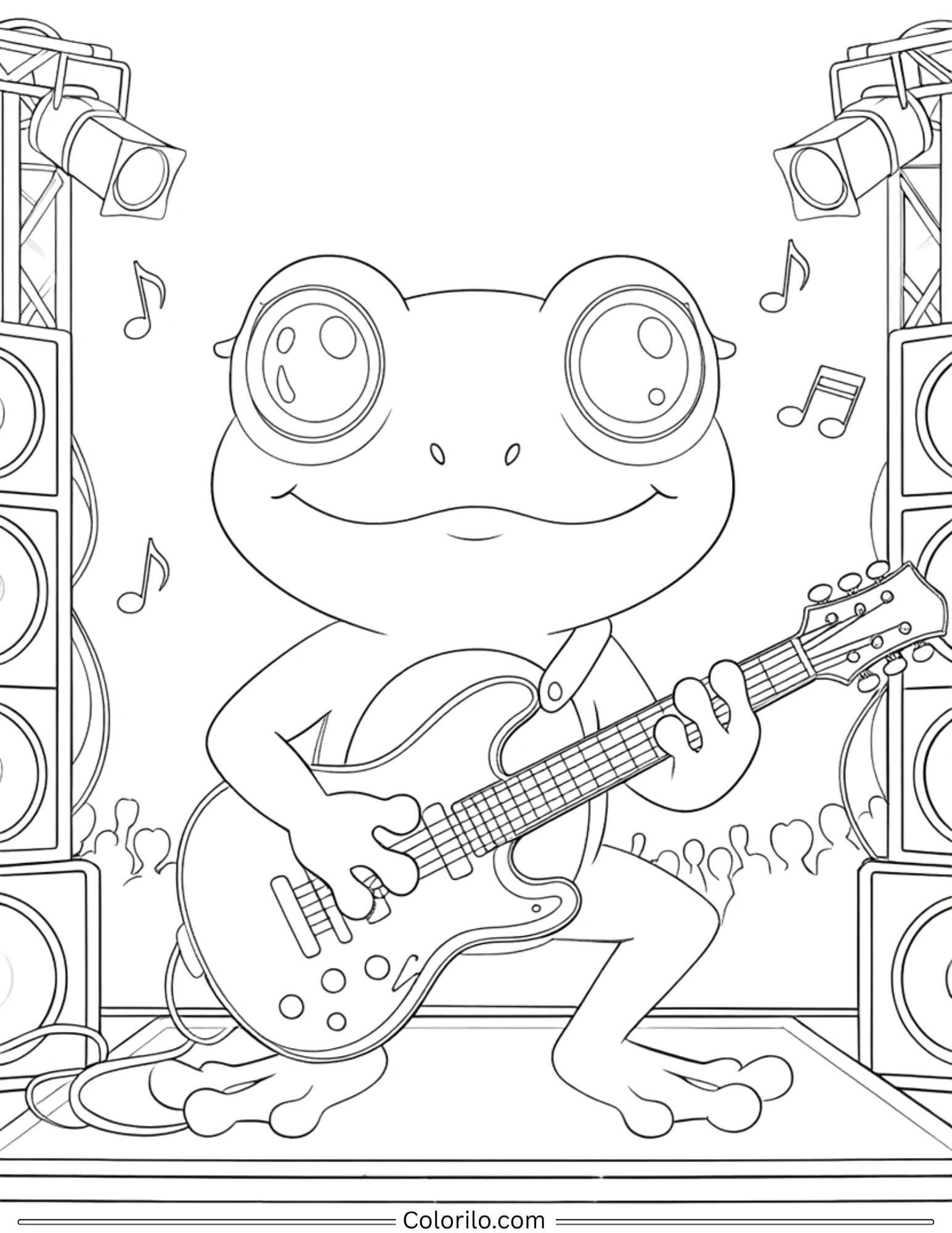 Frog playing electric guitar on stage coloring page