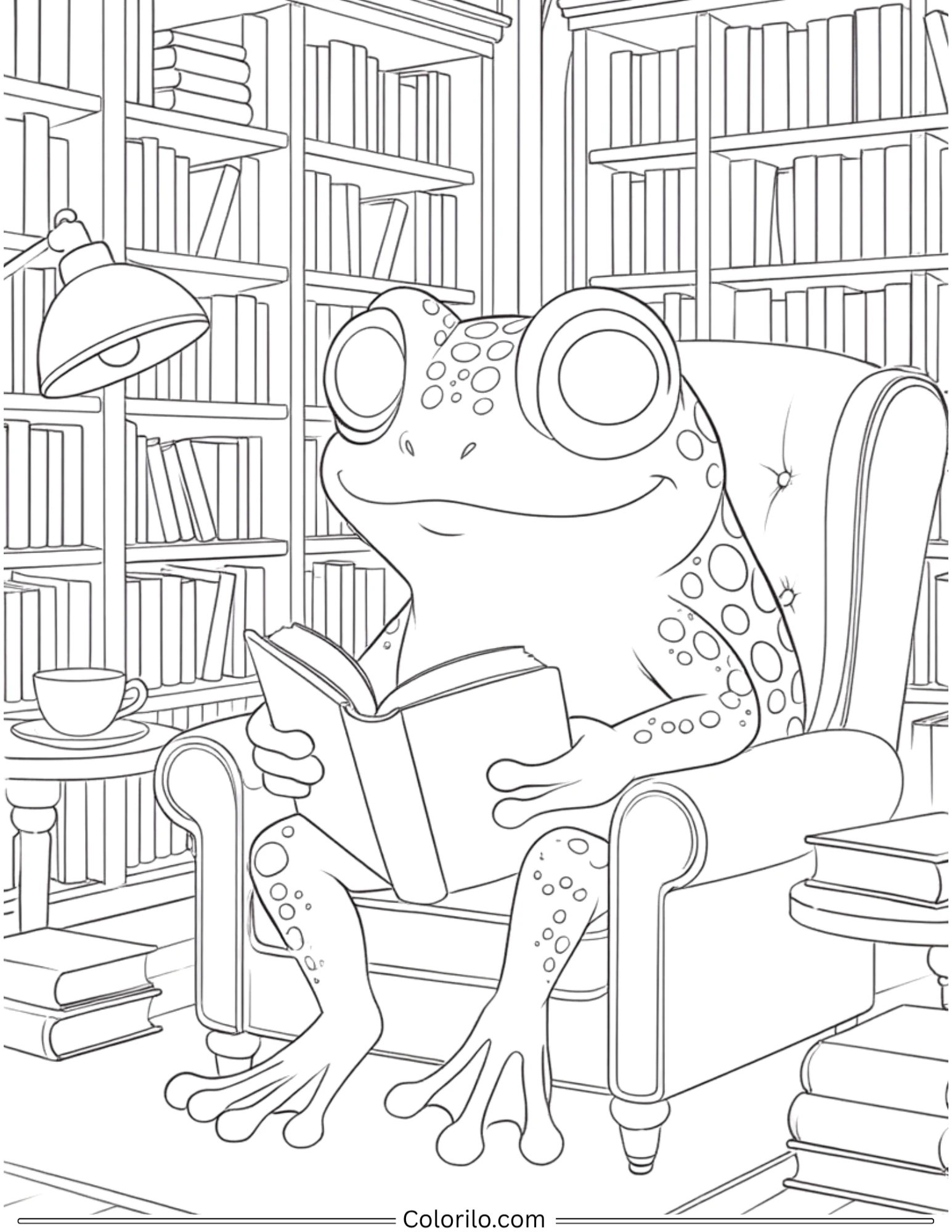 Frog reading book in library armchair coloring page