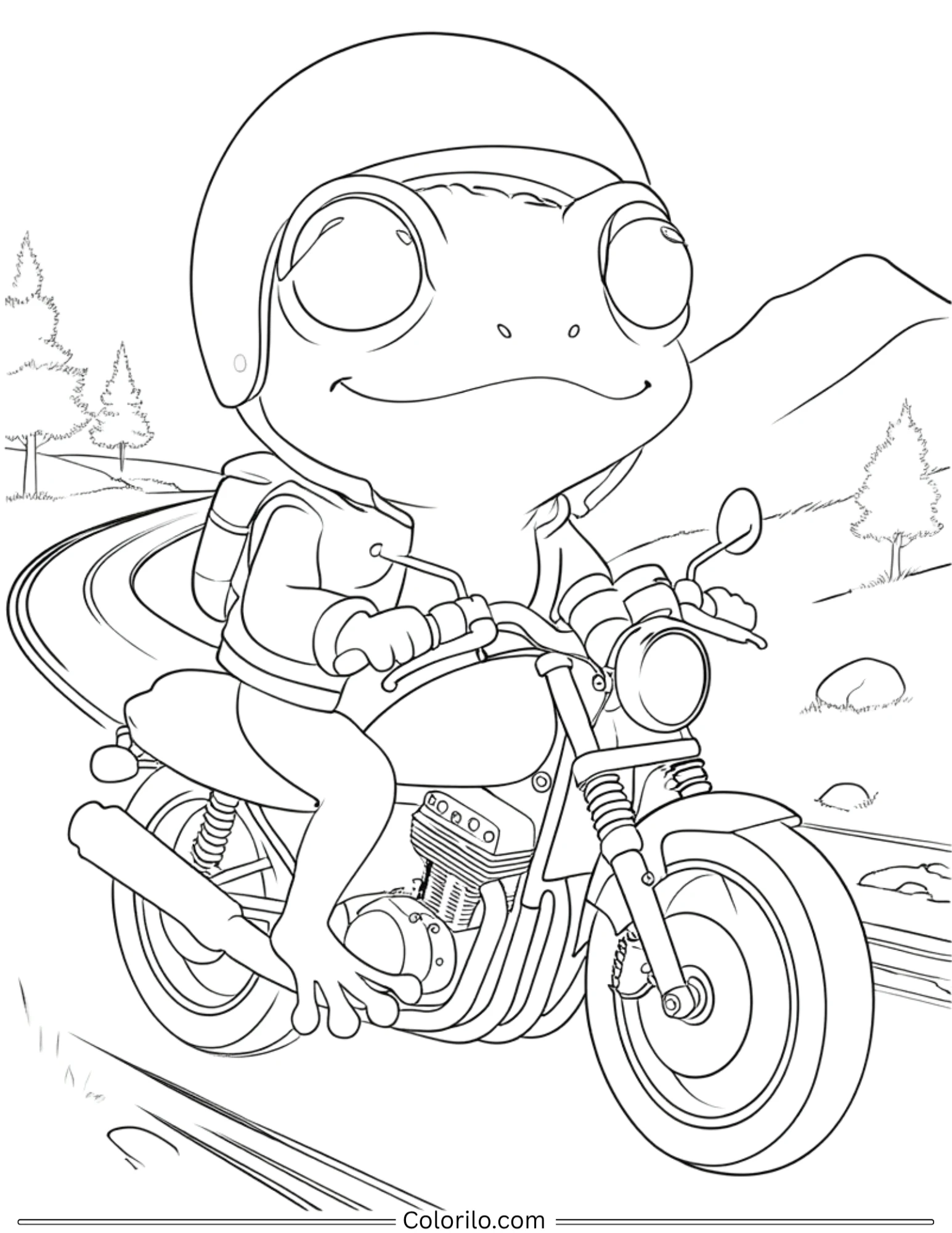 Frog riding motorcycle with helmet coloring page