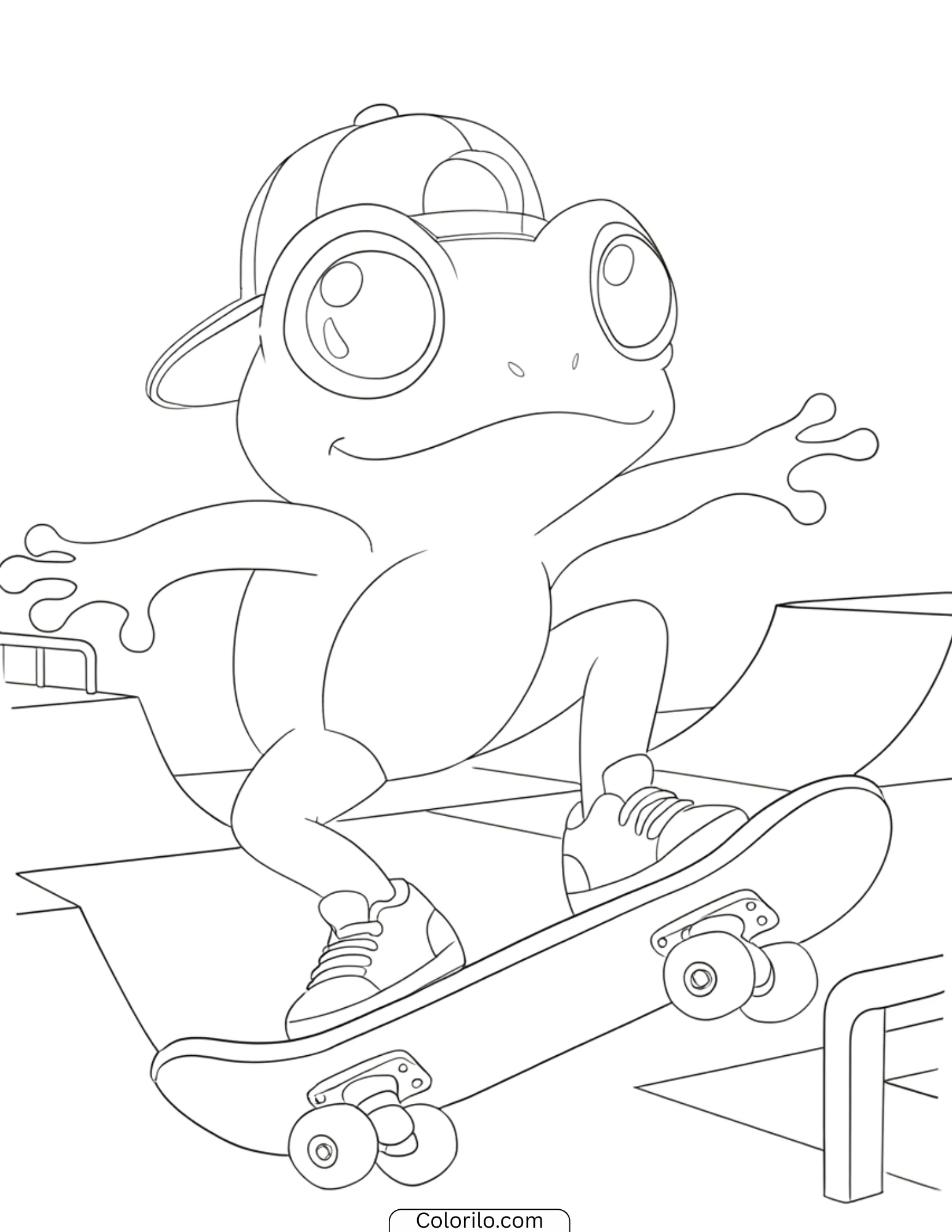 Frog skateboarding with cap at skate park coloring page