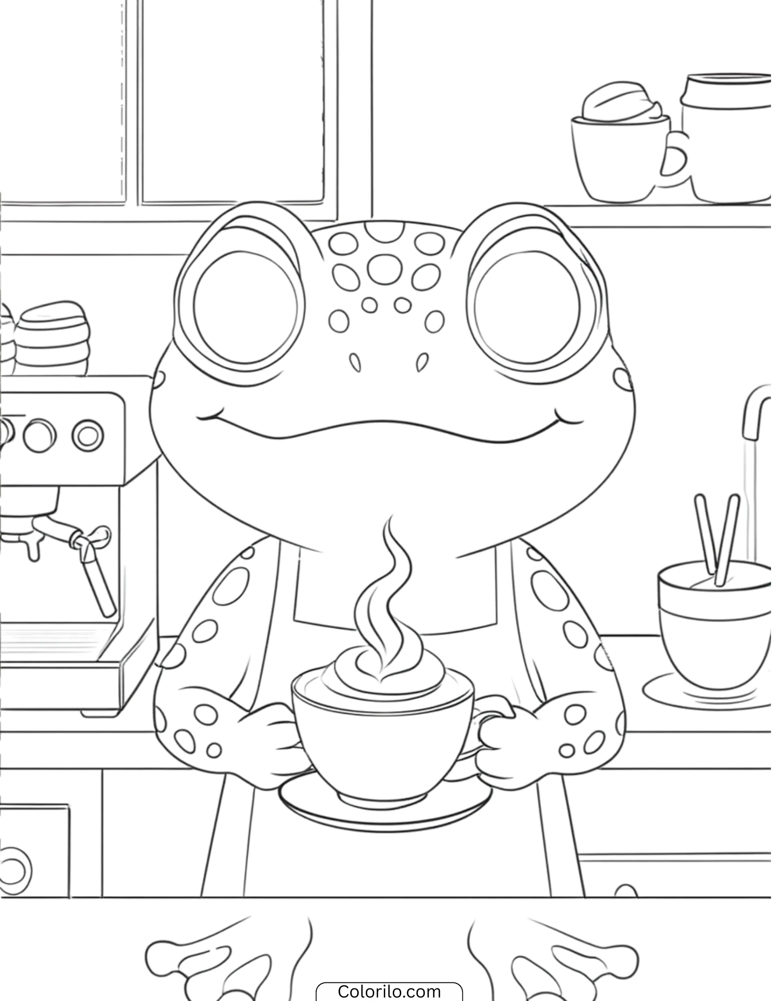 Frog holding coffee cup in cafe coloring page