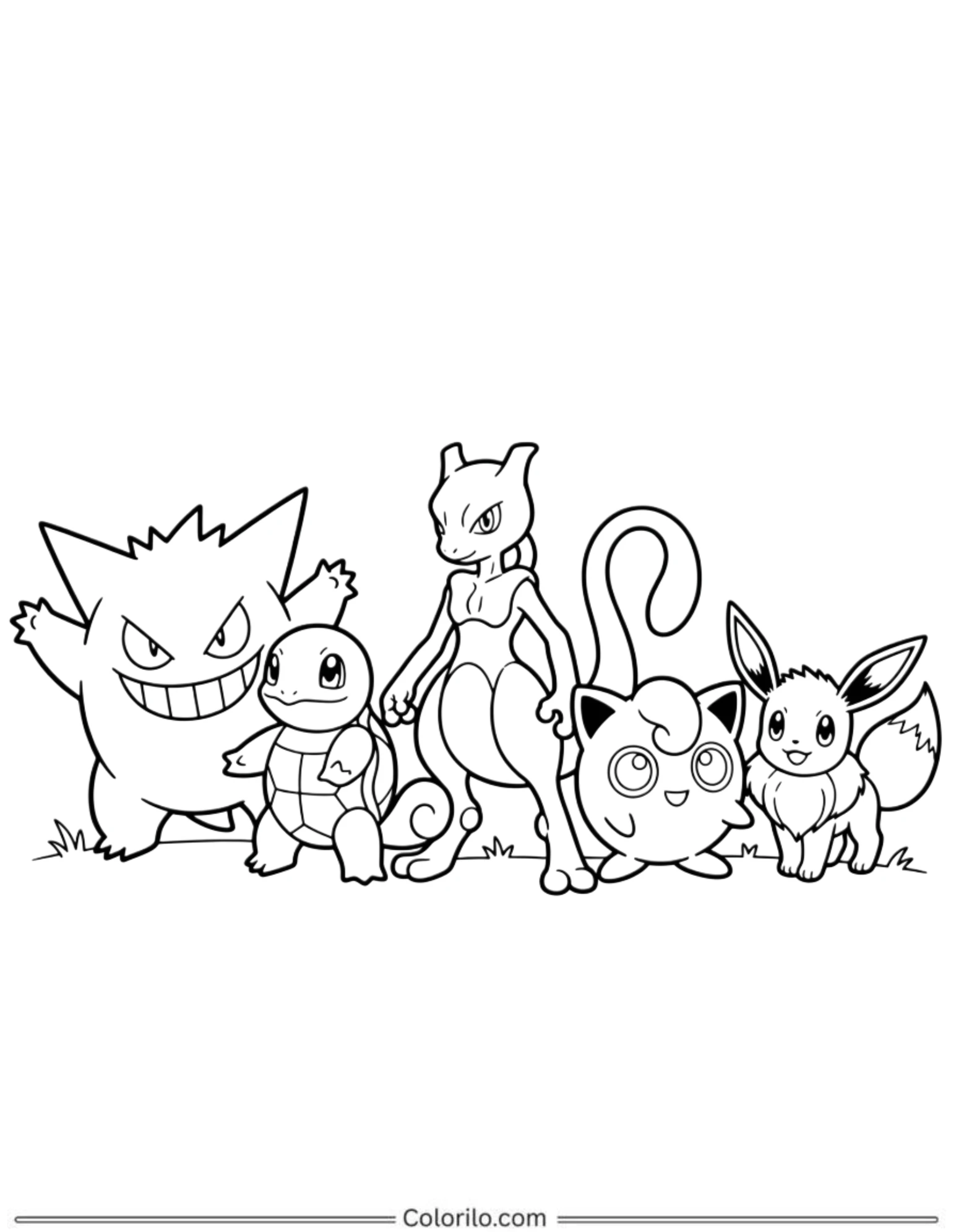 Gengar Squirtle Mewtwo Jigglypuff and Eevee coloring page