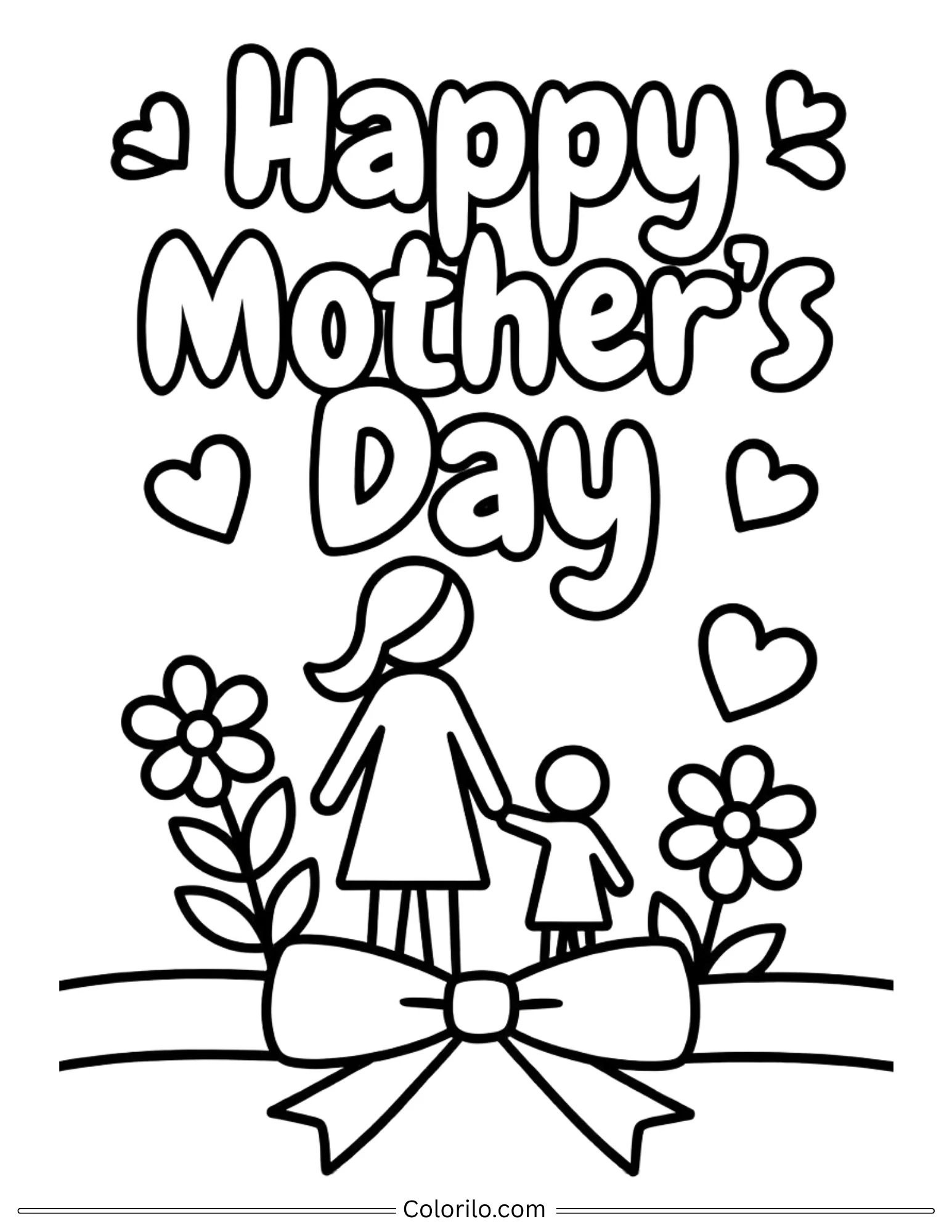 Happy Mother's Day mom and child with hearts coloring page