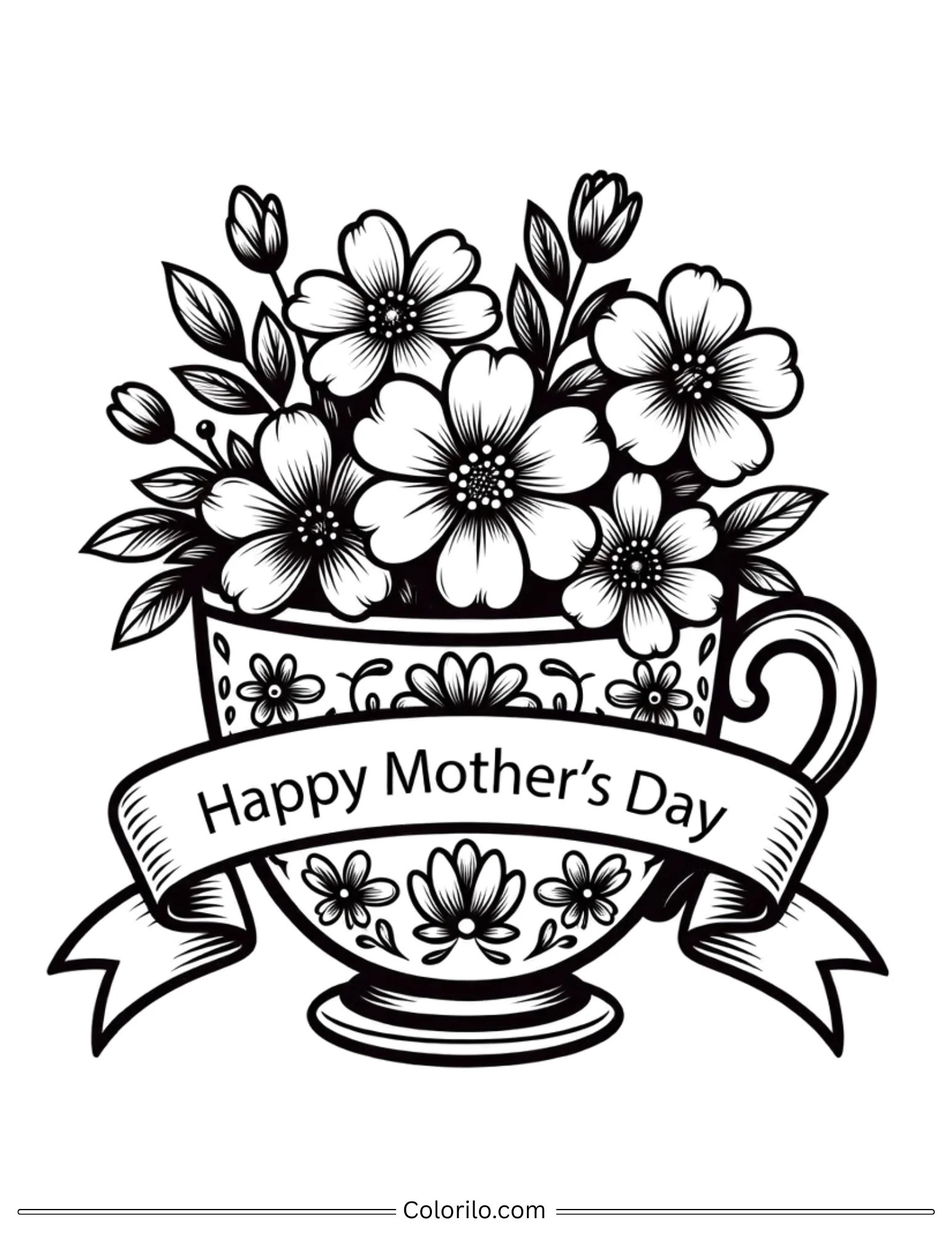 Happy Mother's Day teacup with flowers coloring page