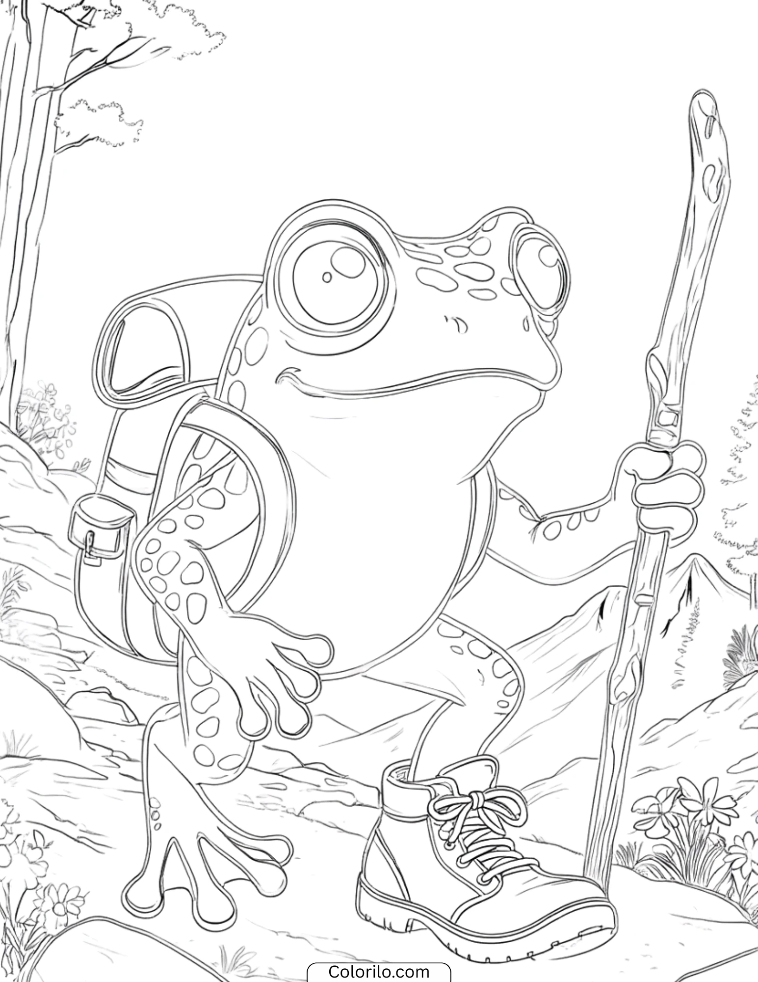 Hiking frog with backpack and walking staff coloring page