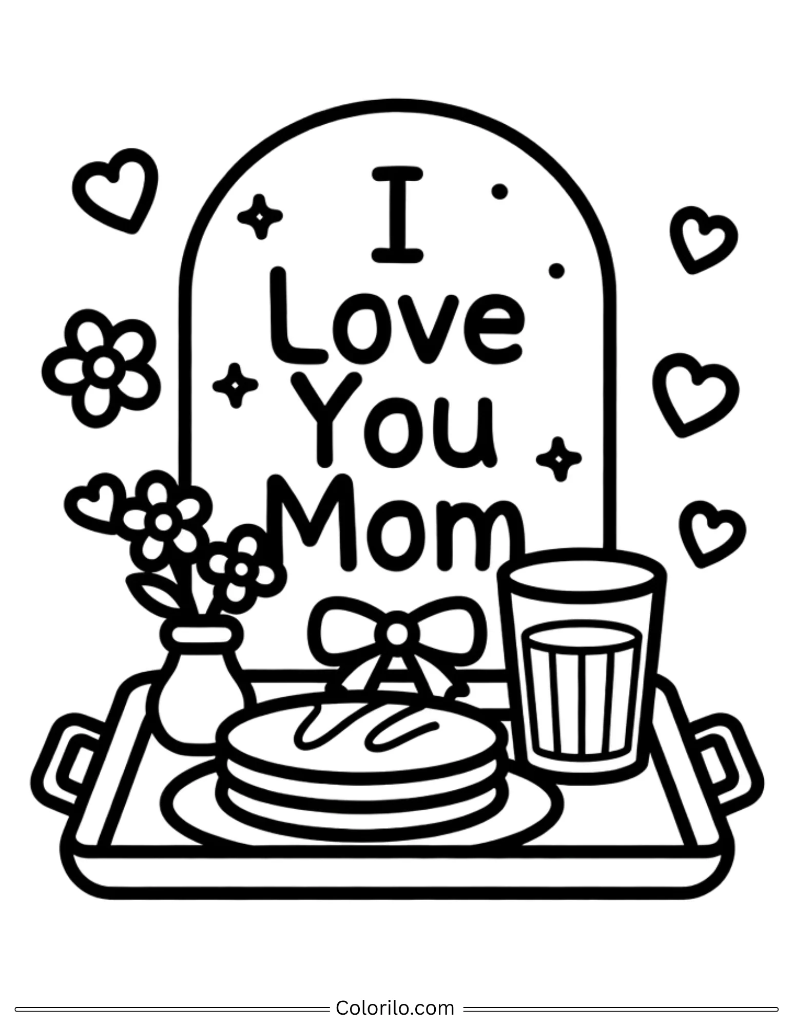 I Love You Mom breakfast tray coloring page for kids