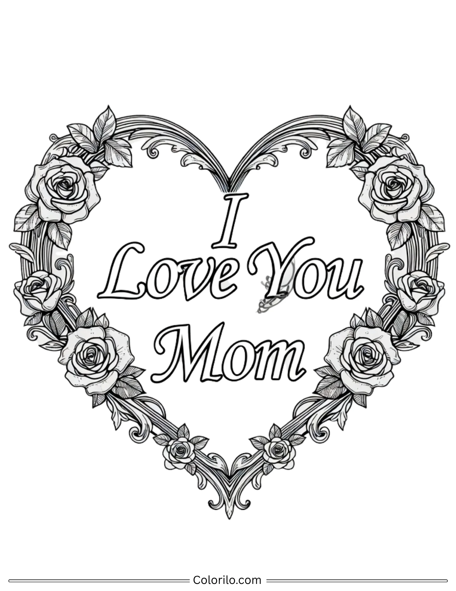 I Love You Mom rose heart wreath coloring page