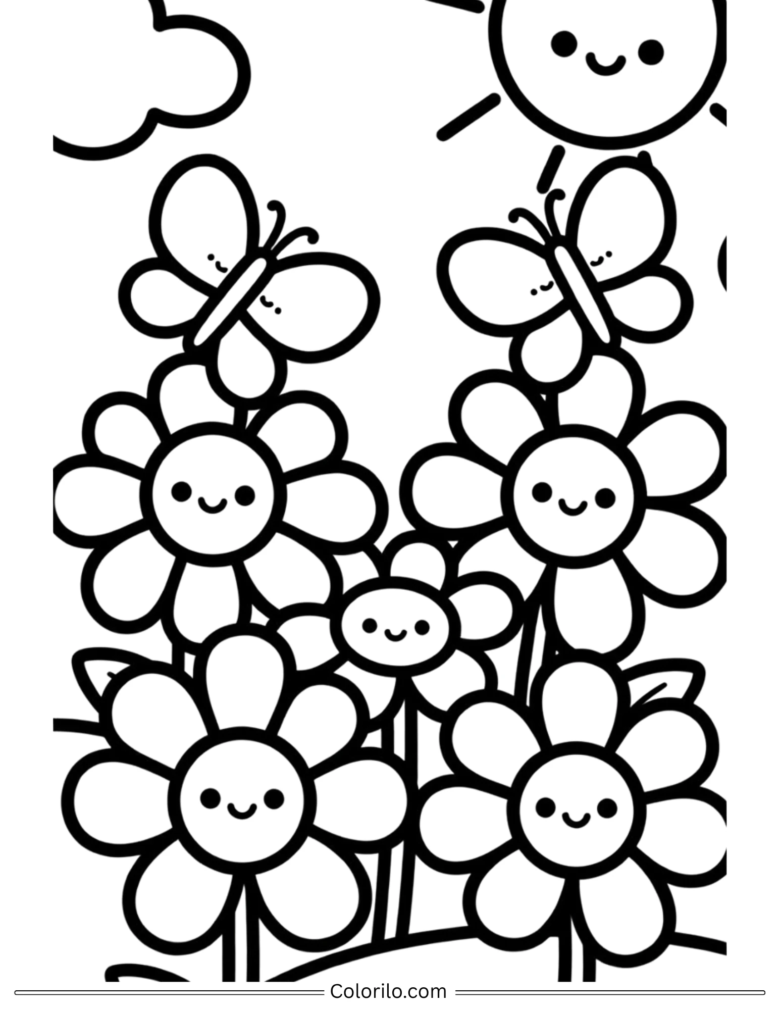 Kawaii flowers with butterflies and sun coloring page