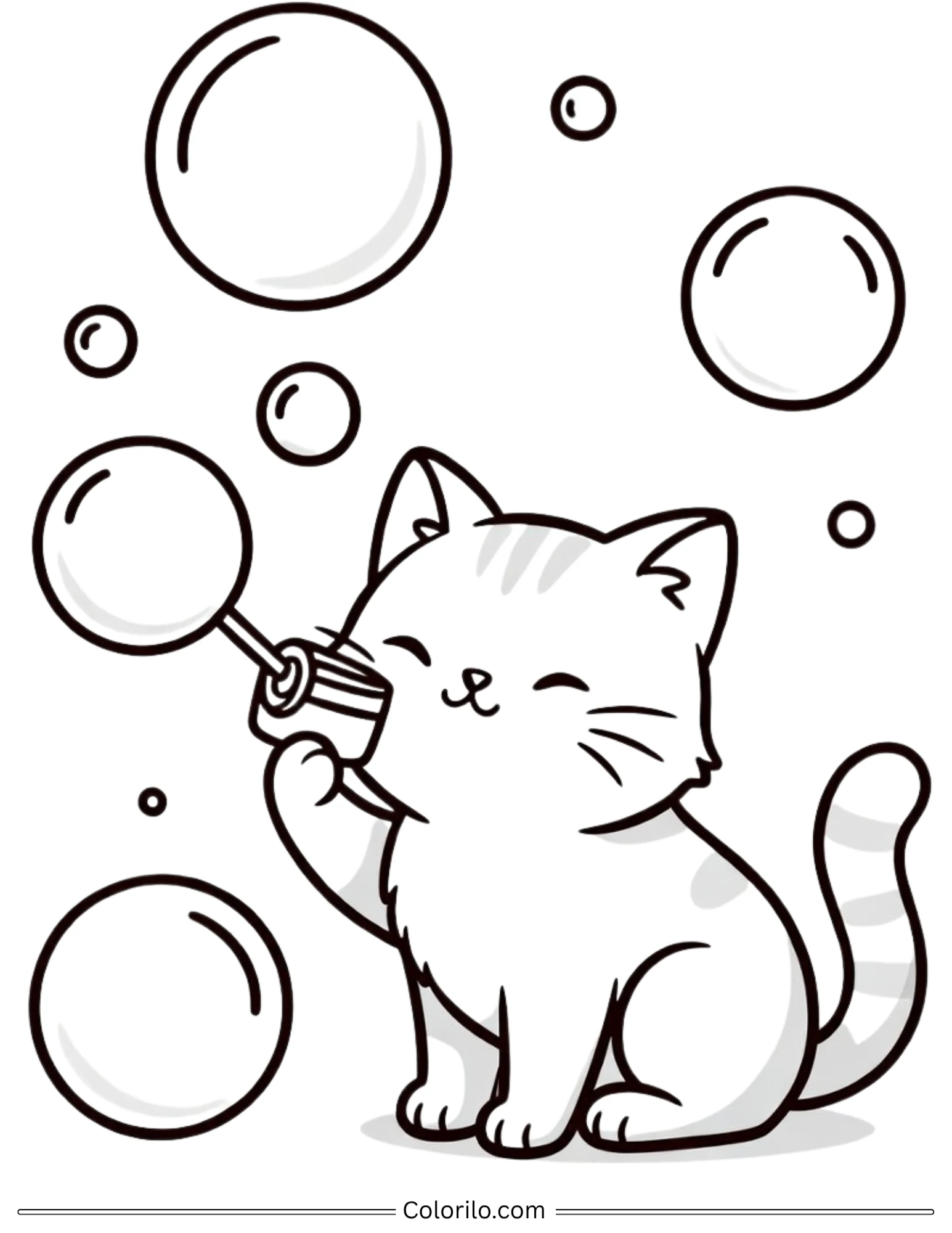Kitten blowing soap bubbles with wand coloring page