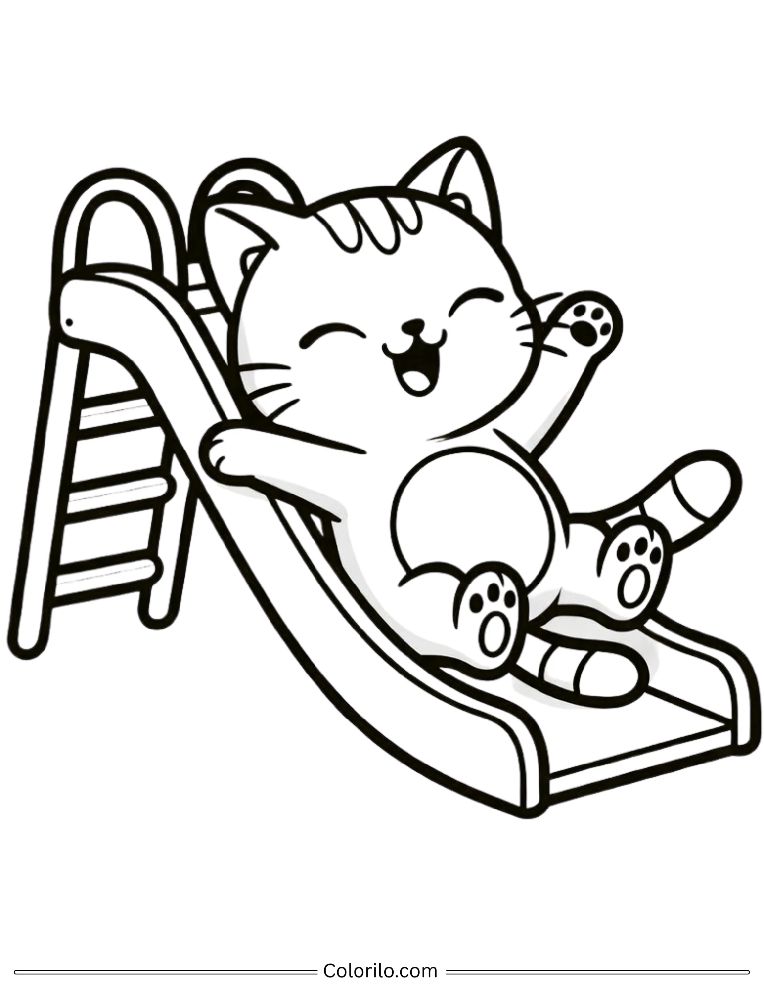 Happy kitten going down playground slide coloring page
