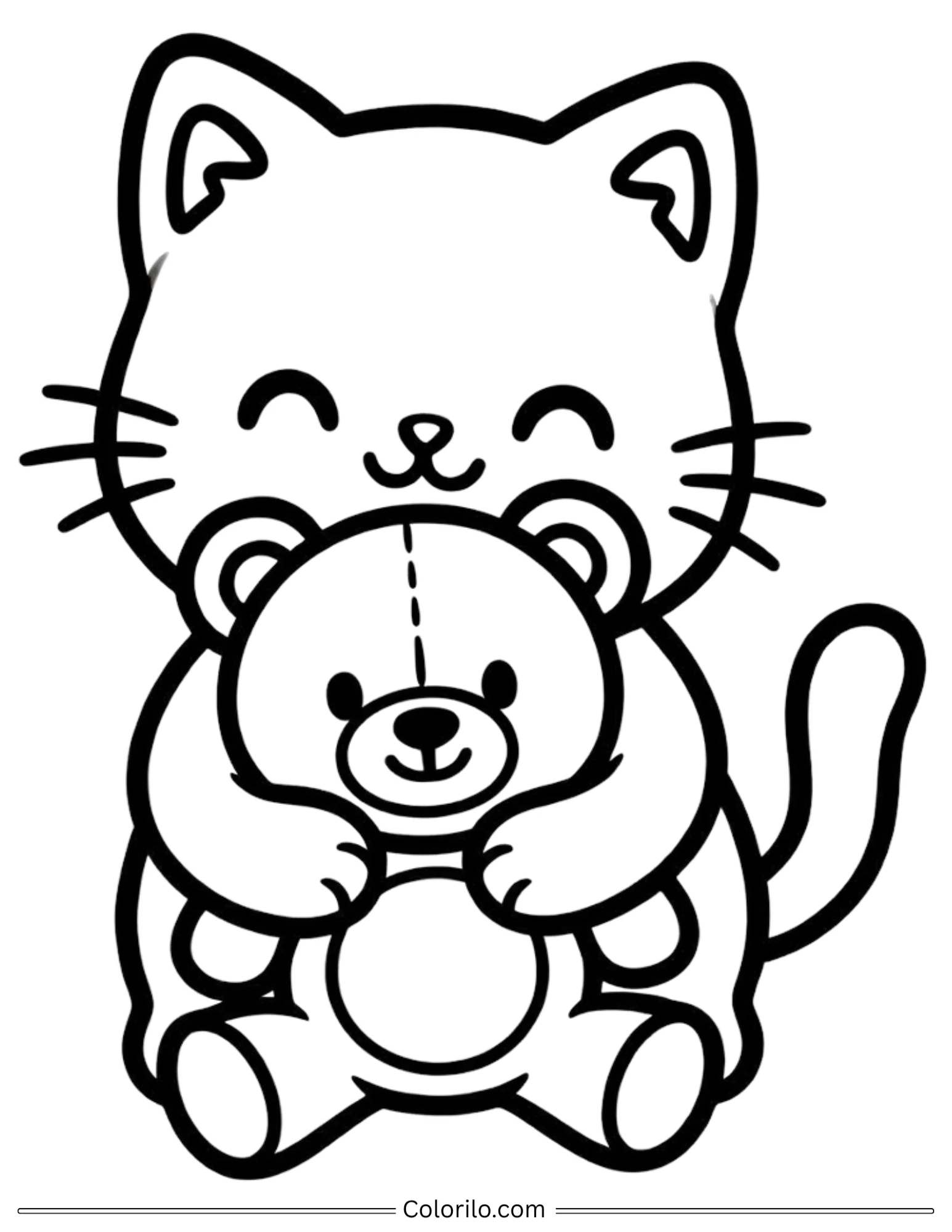 Kitten hugging a teddy bear coloring page
