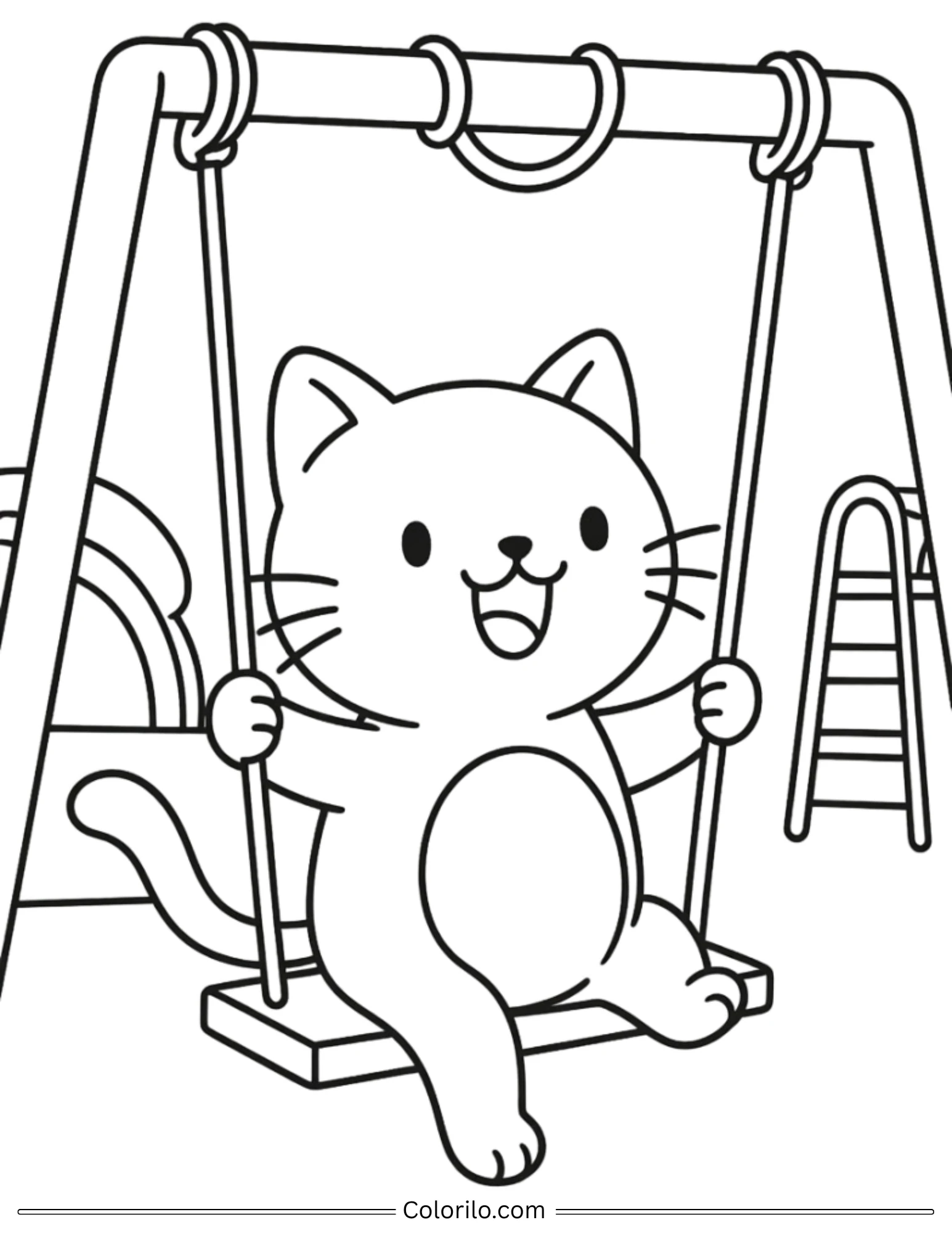 Kitten swinging on playground swing coloring page