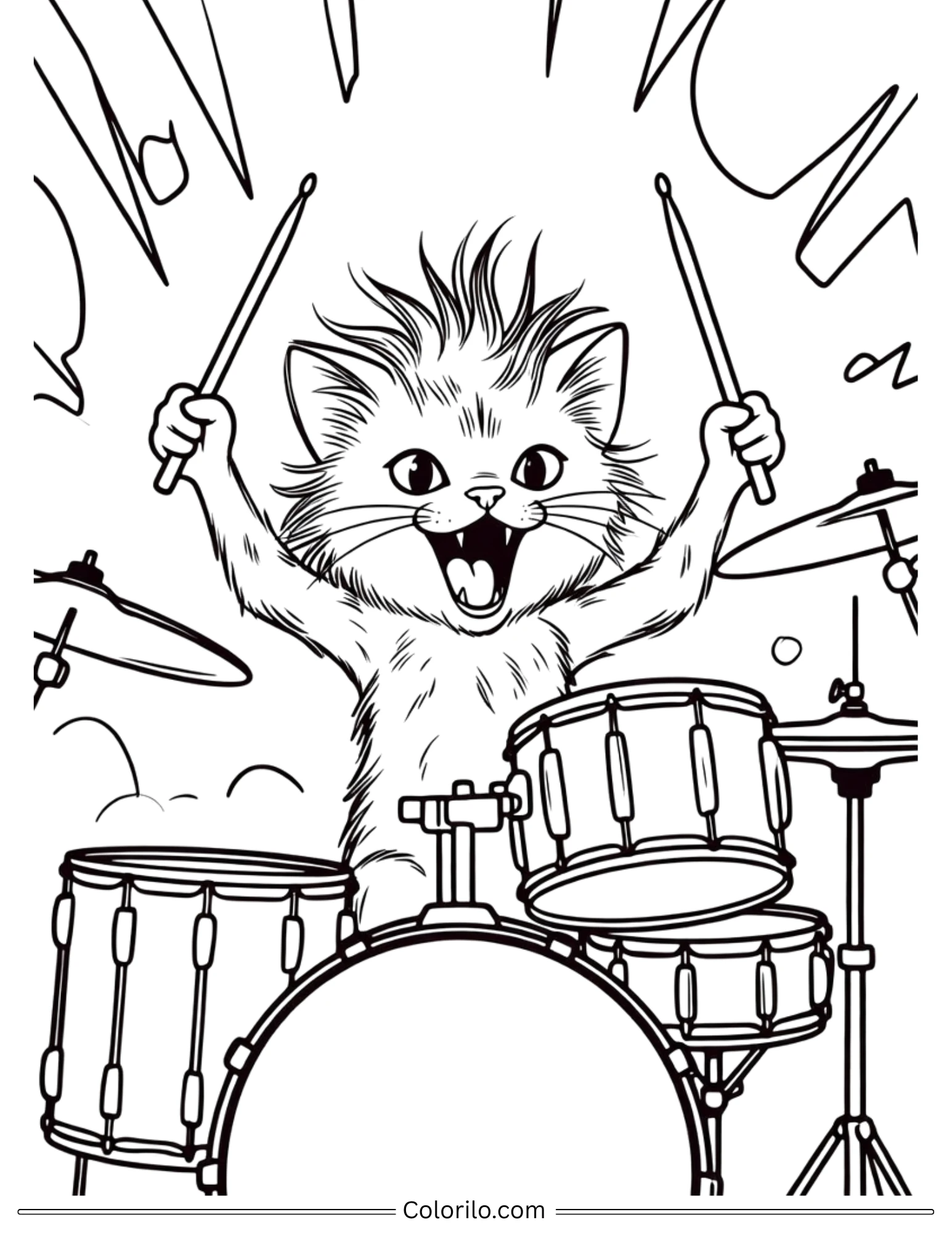 Excited kitten playing a full drum set coloring page