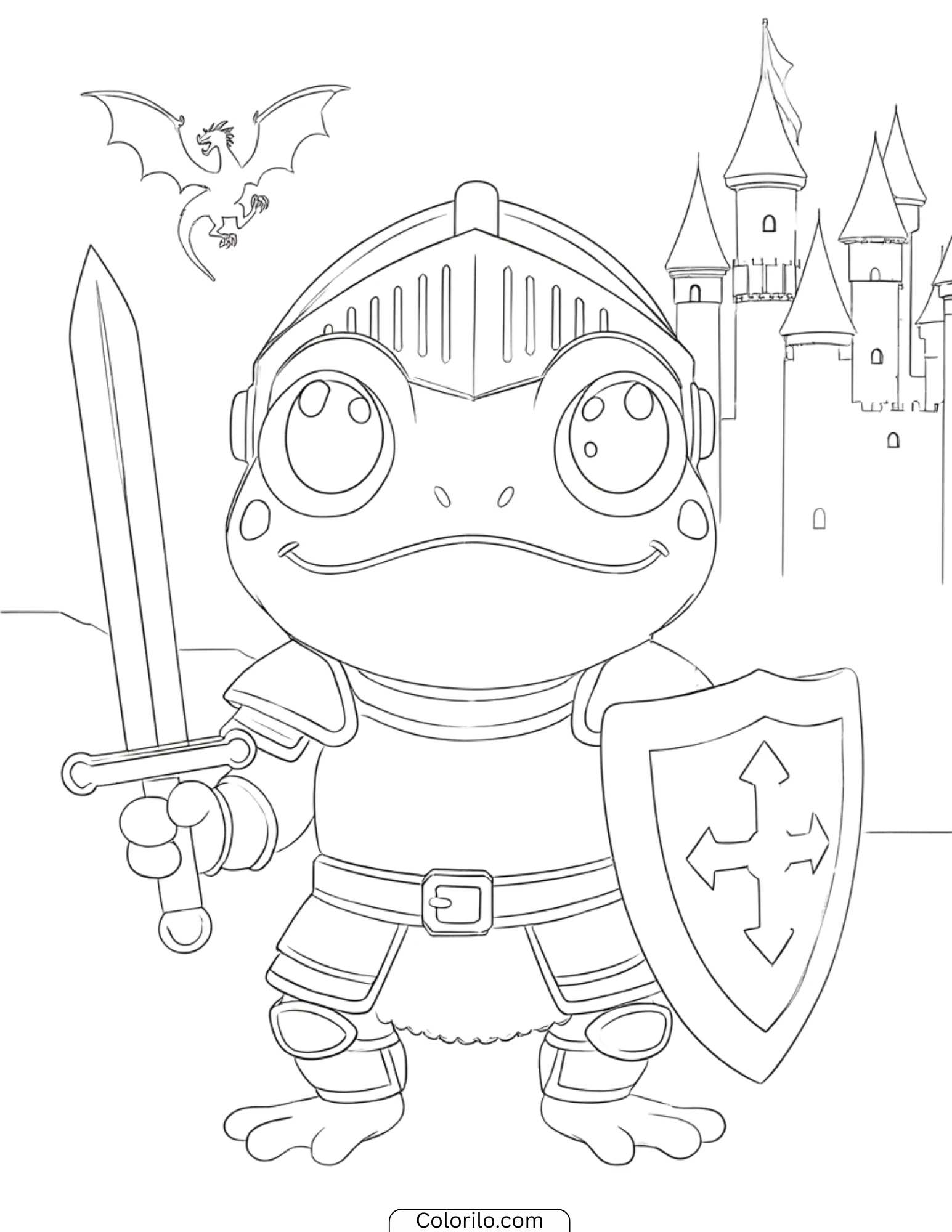 Knight frog with sword and shield by castle coloring page