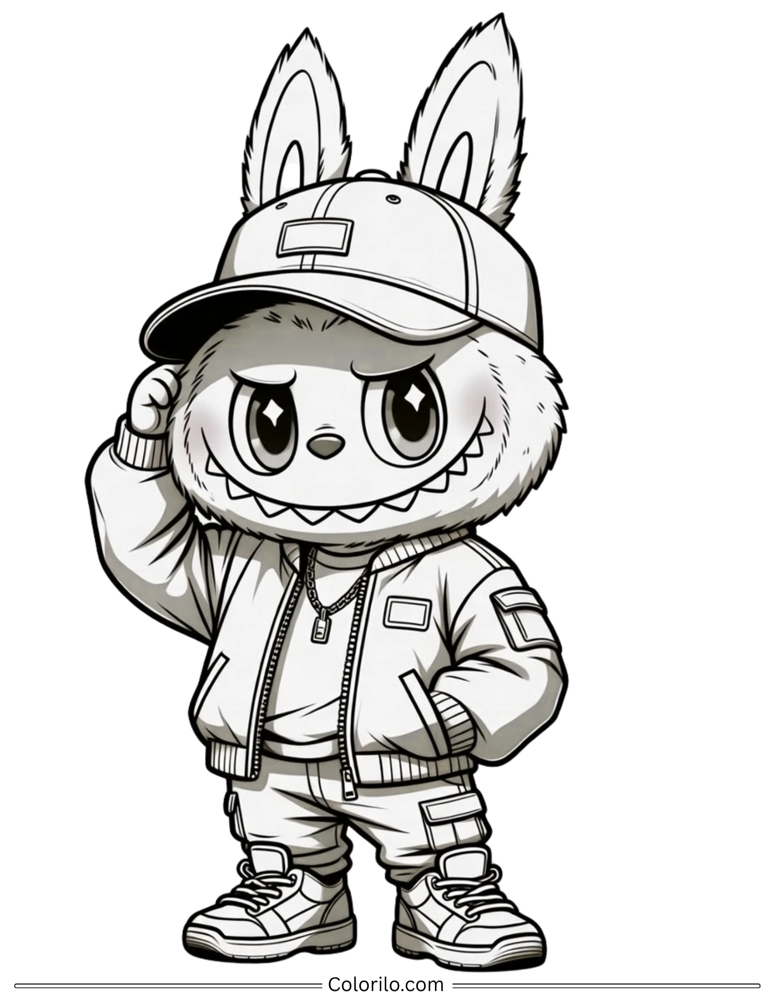 Labubu with cool cap and jacket coloring page