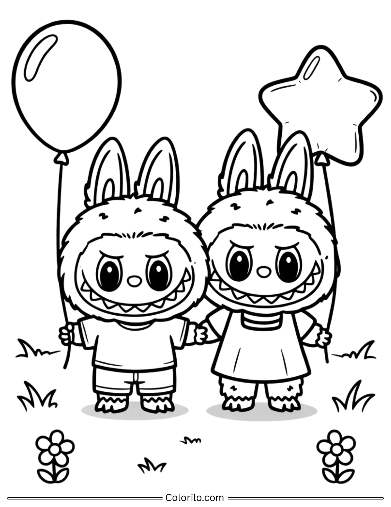 Labubu couple holding balloon and star coloring page