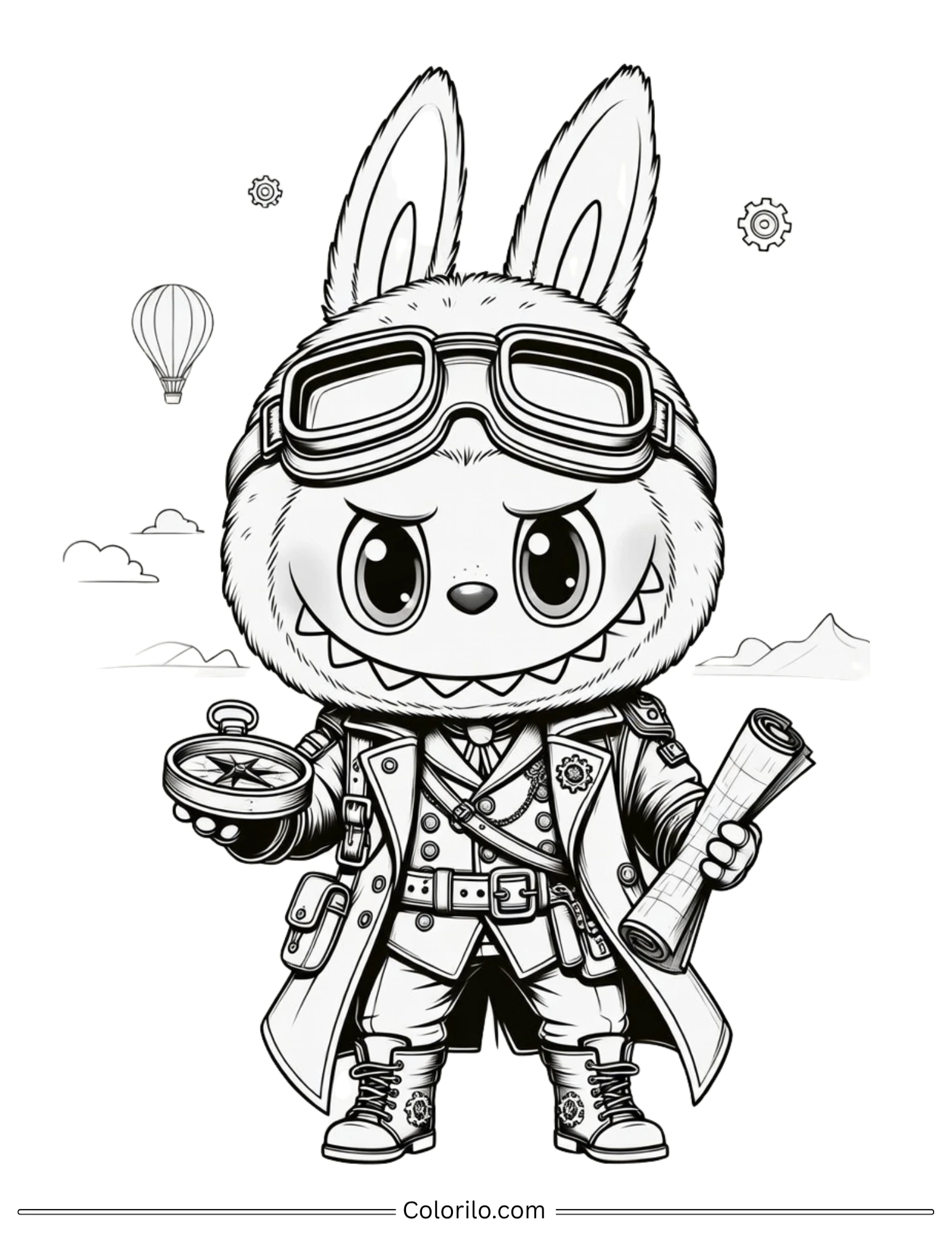Labubu explorer adventurer with compass coloring page