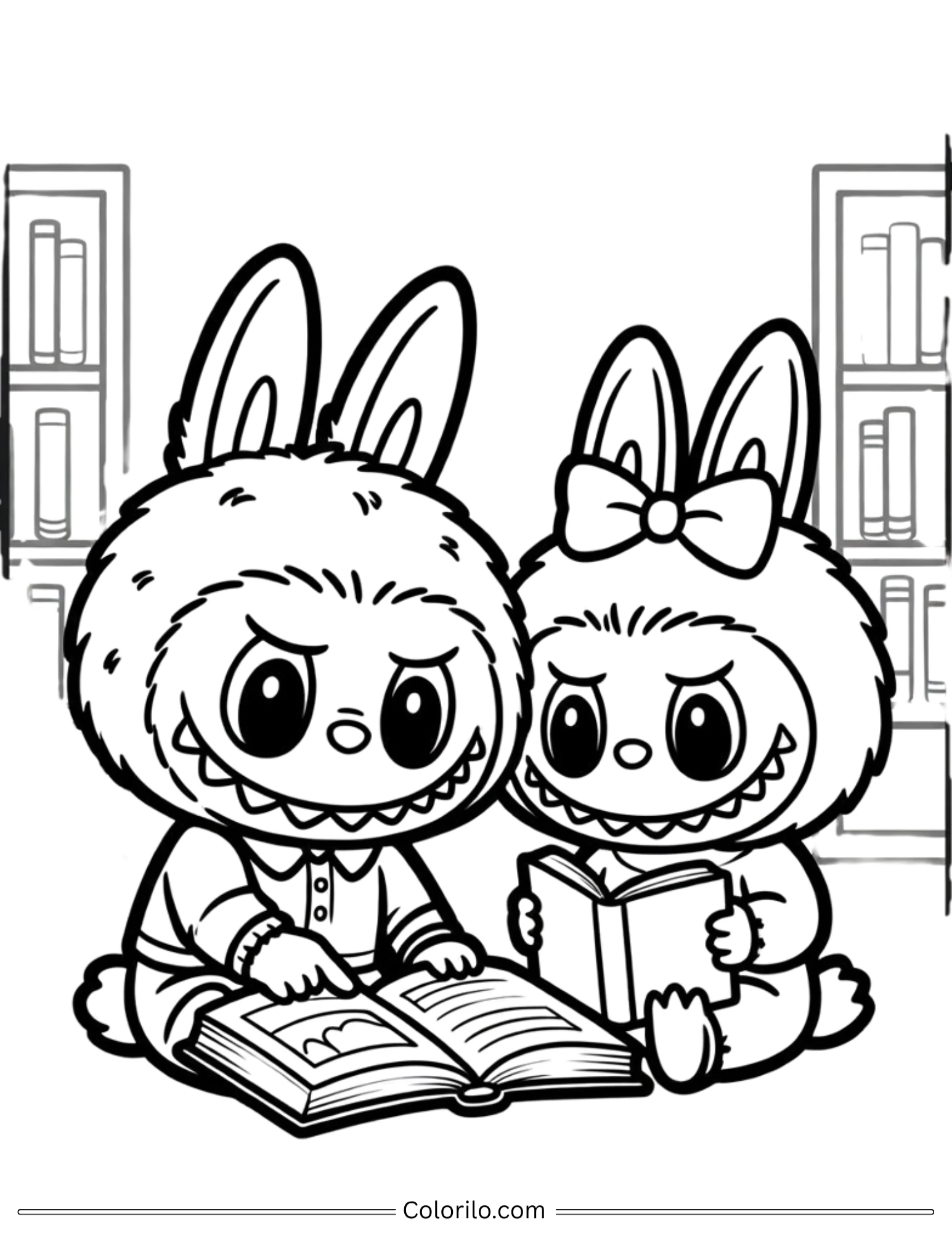 Labubu friends reading books in library coloring page
