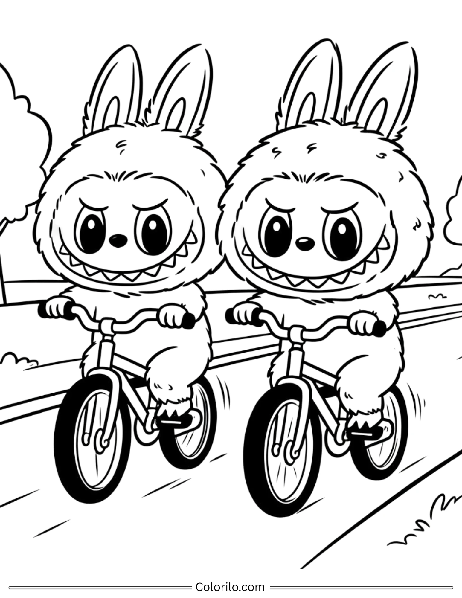 Labubu friends riding bikes coloring page