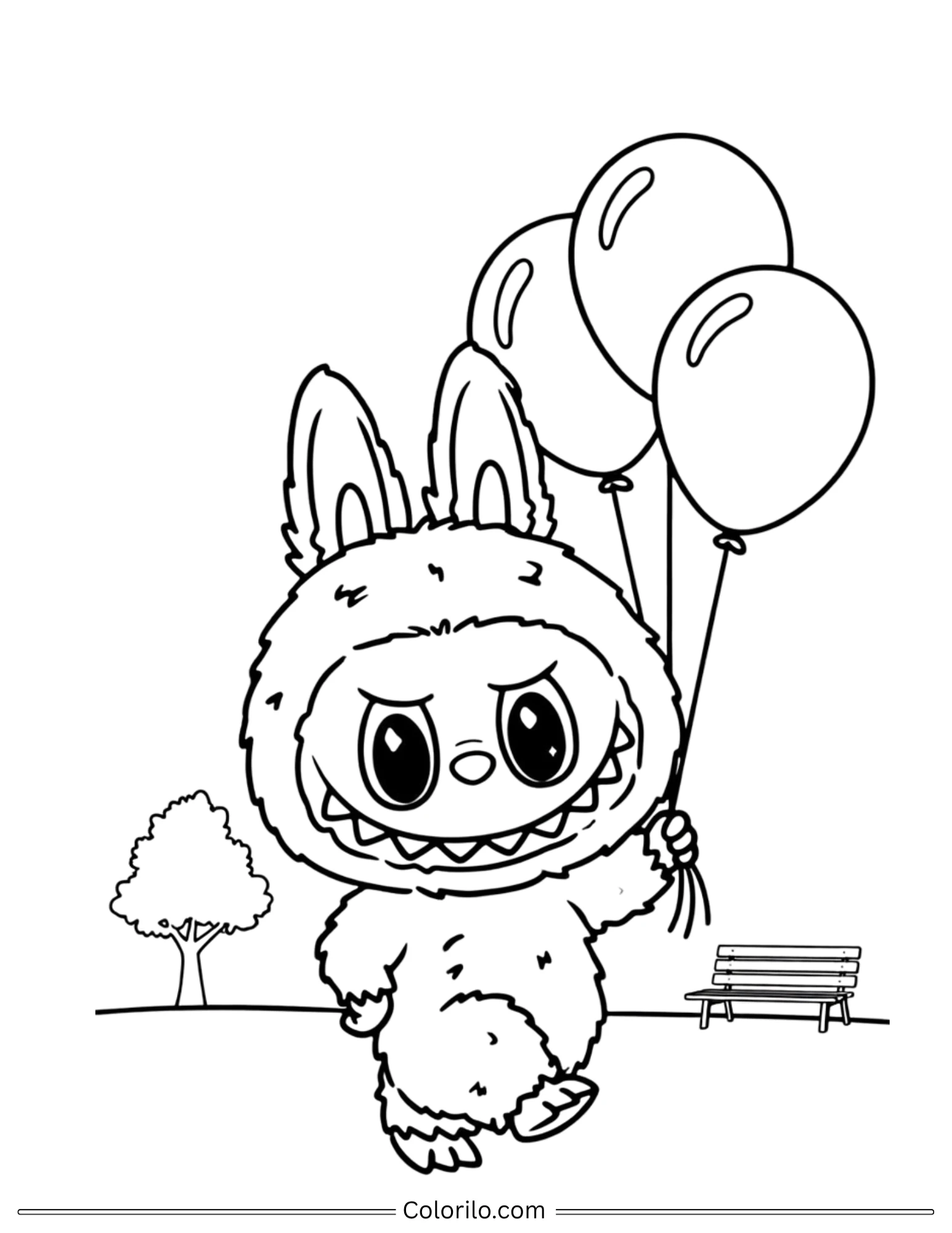 Labubu holding bunch of balloons in park coloring page